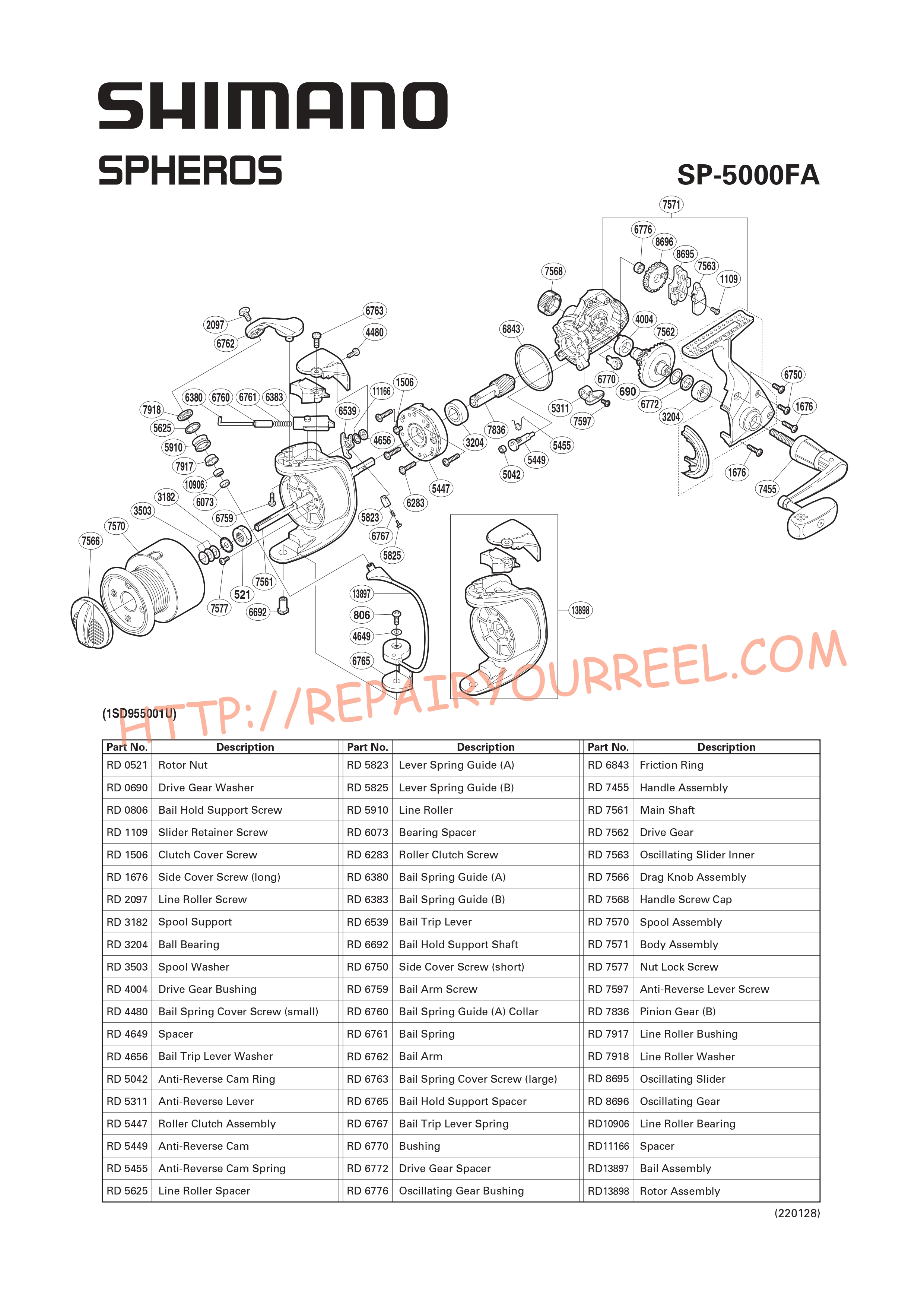 Exploded view of Shimano SPHEROS 5000FA (2002)