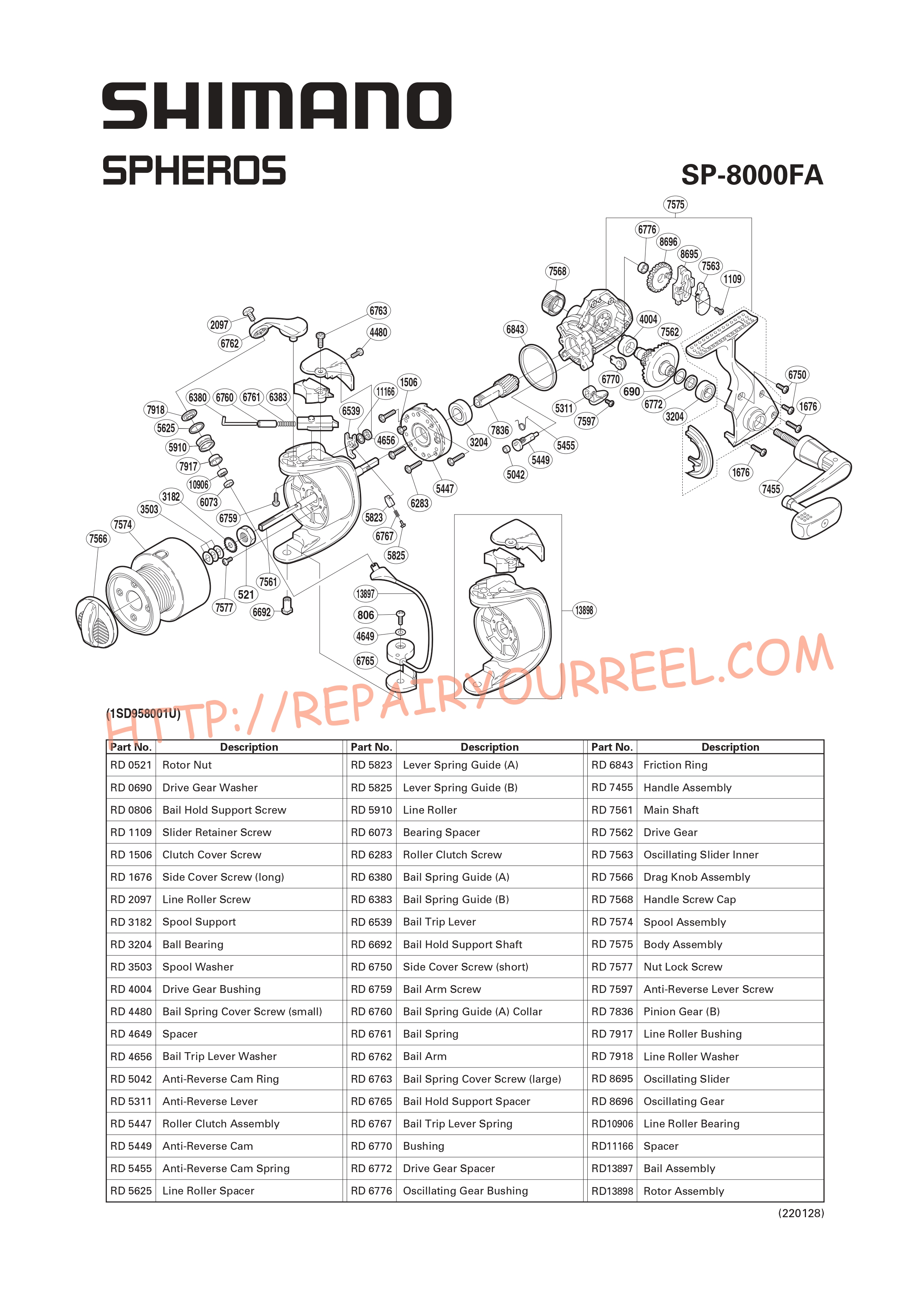 Exploded view of Shimano SPHEROS 8000FA (2002)