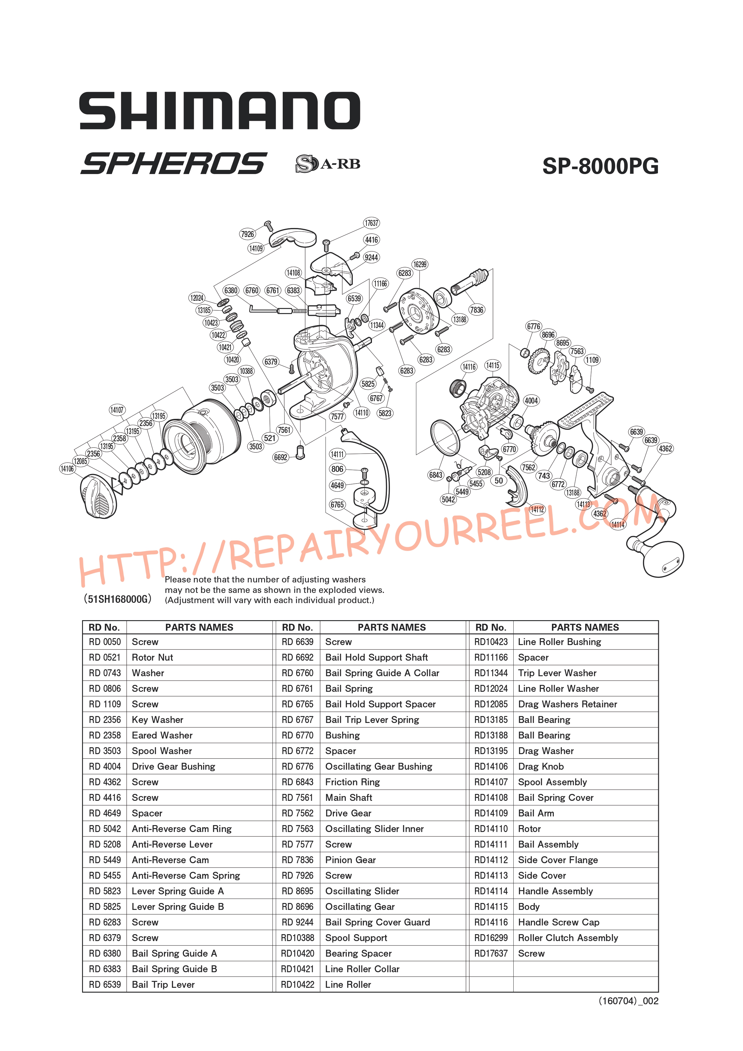 Exploded view of Shimano SPHEROS 8000PG (2011)