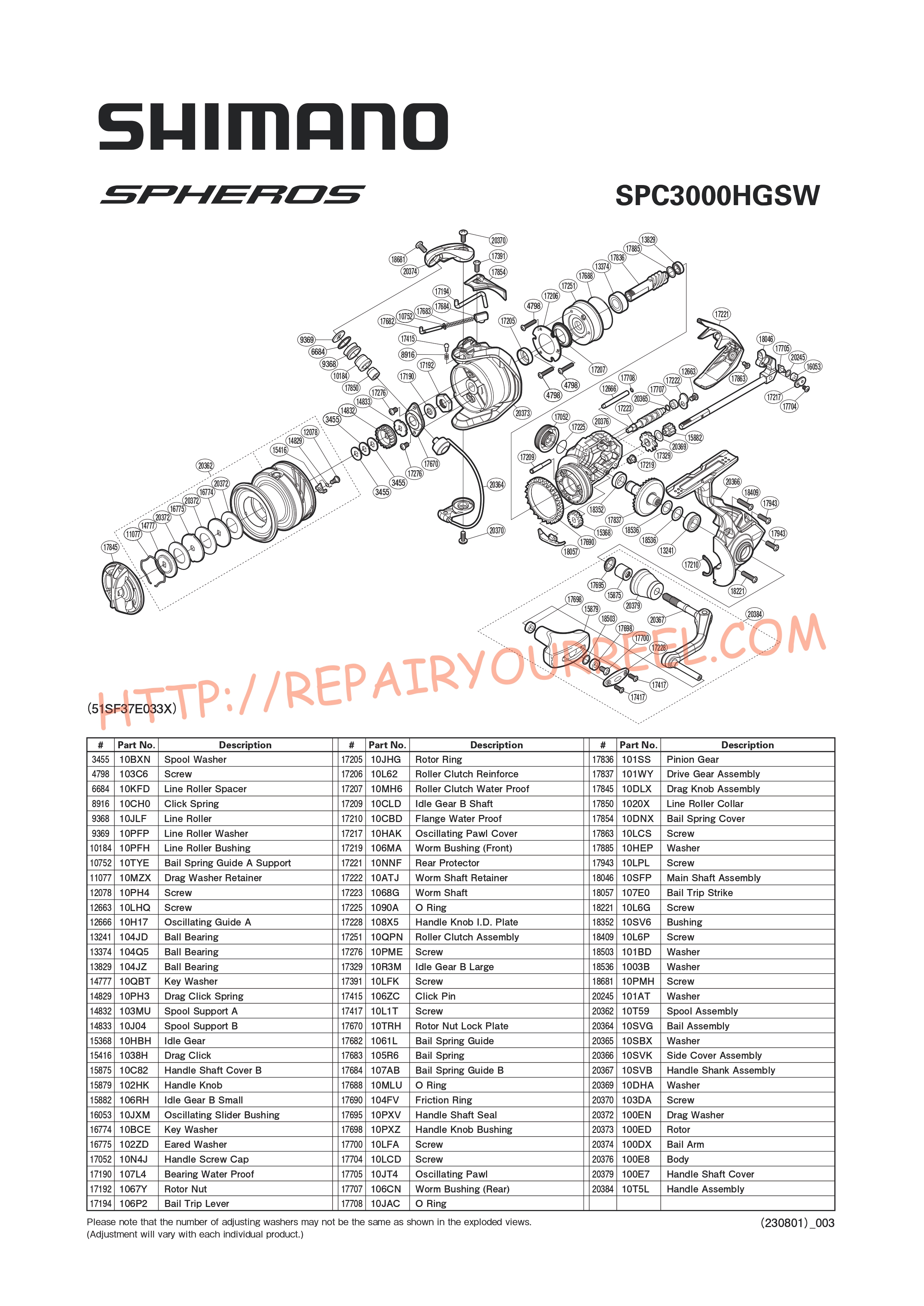 Exploded view of Shimano SPHEROS C3000HGSW