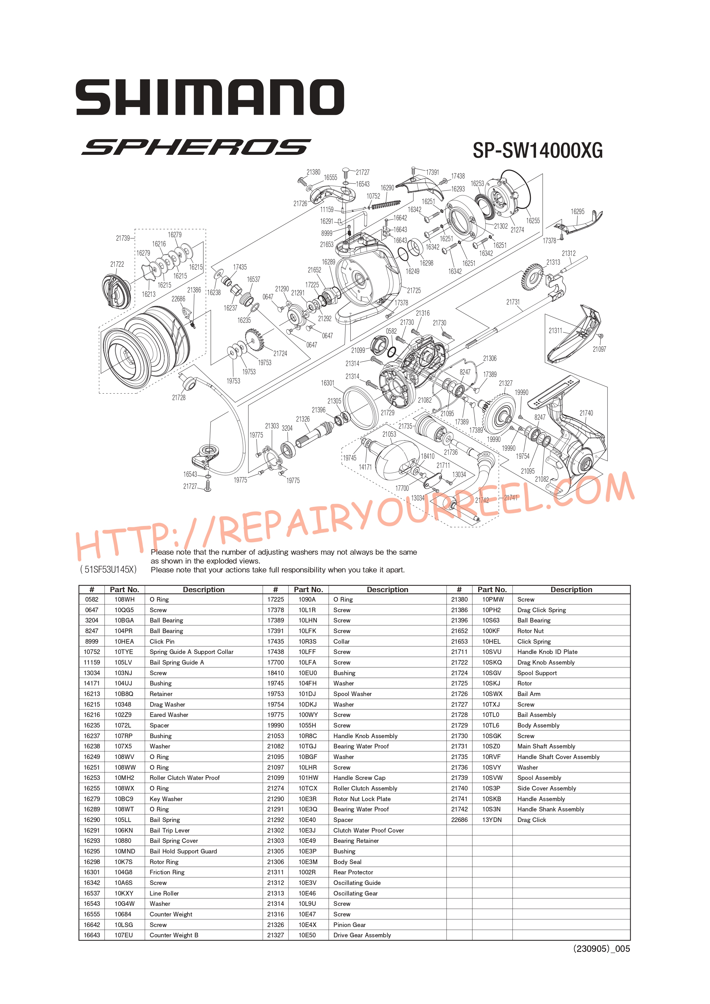 Exploded view of Shimano SPHEROS SW14000XGA