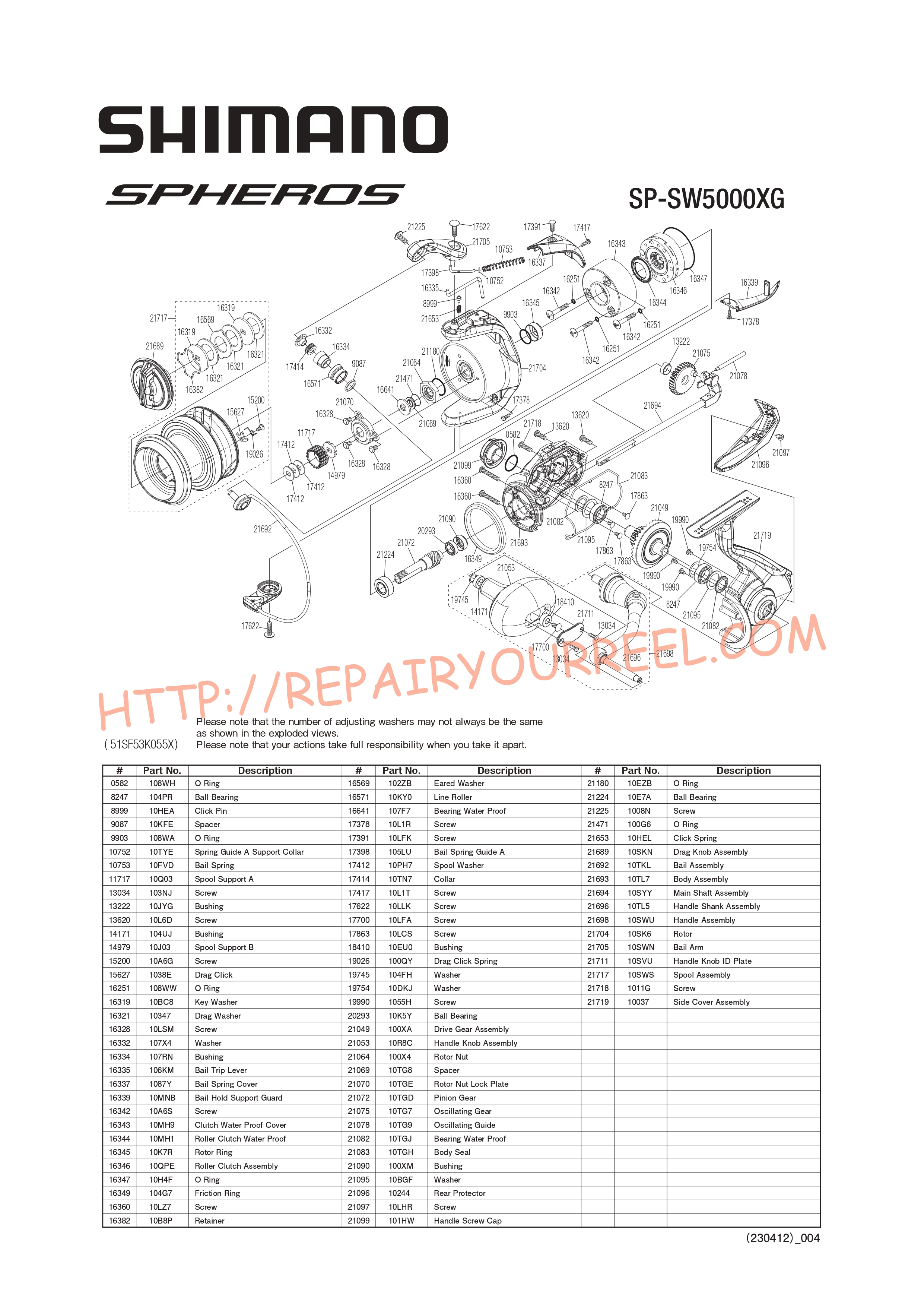 Exploded view of Shimano SPHEROS SW5000XGA