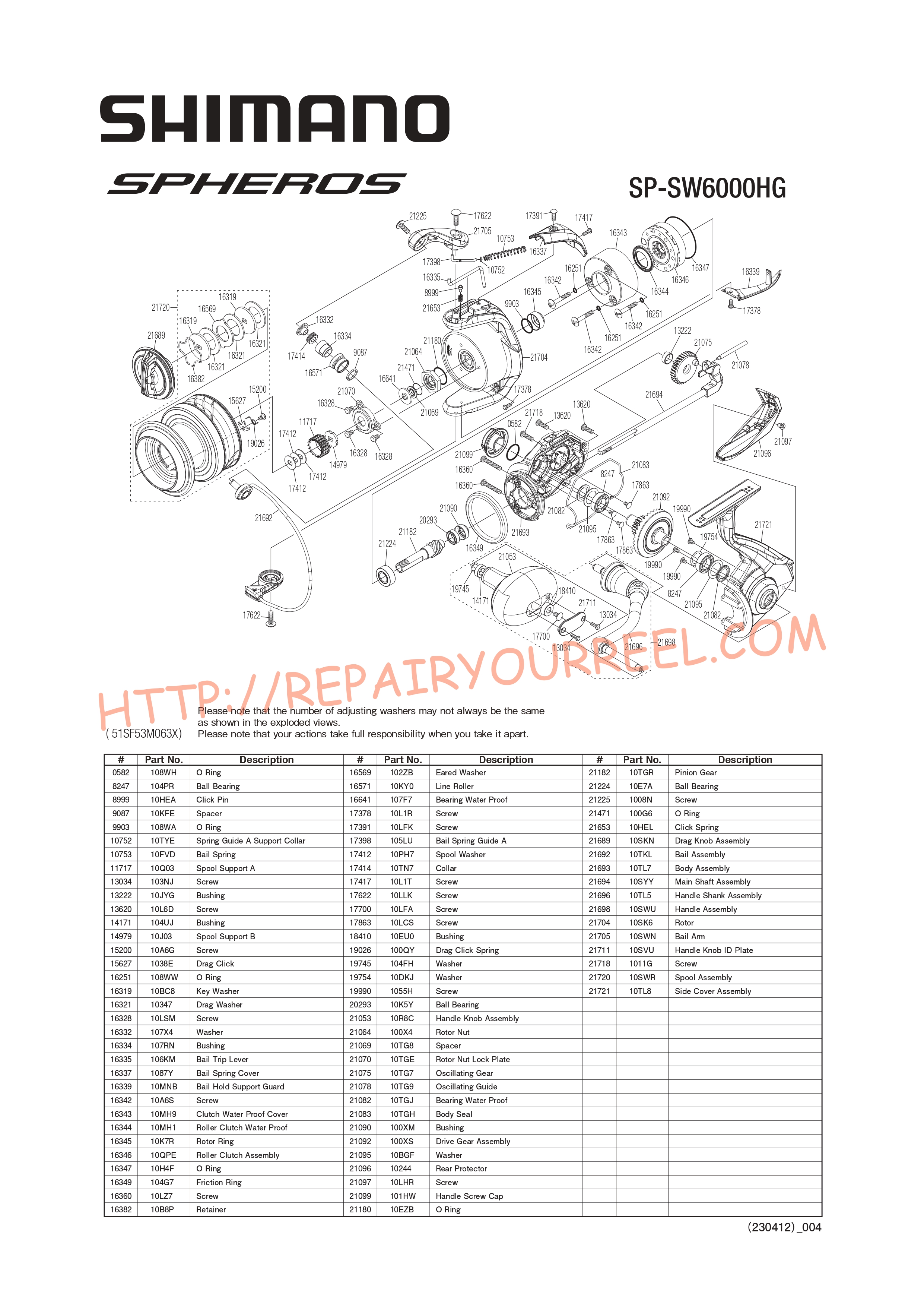 Exploded view of Shimano SPHEROS SW6000HGA