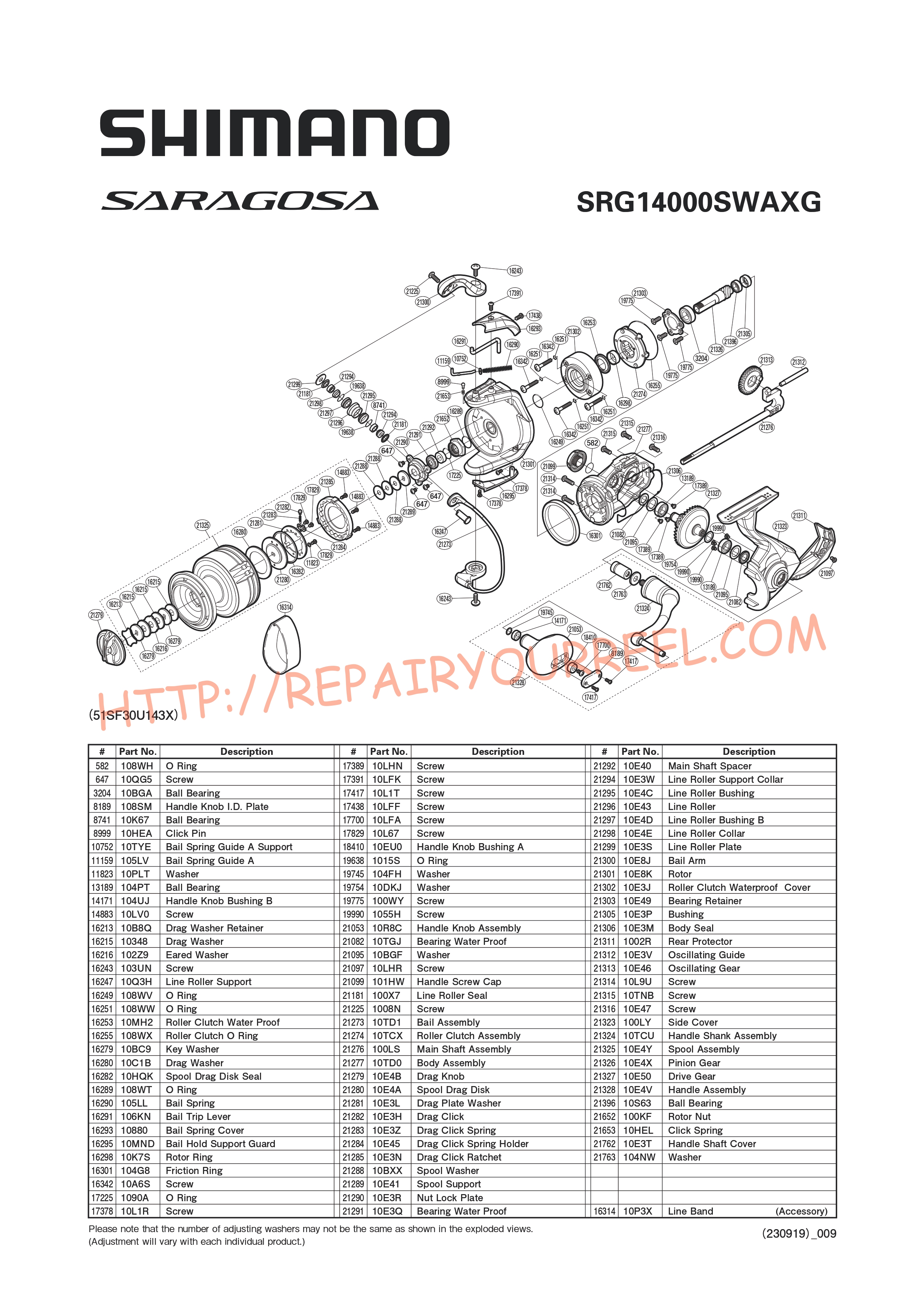 Exploded view of Shimano SARAGOSA 14000SWAXG