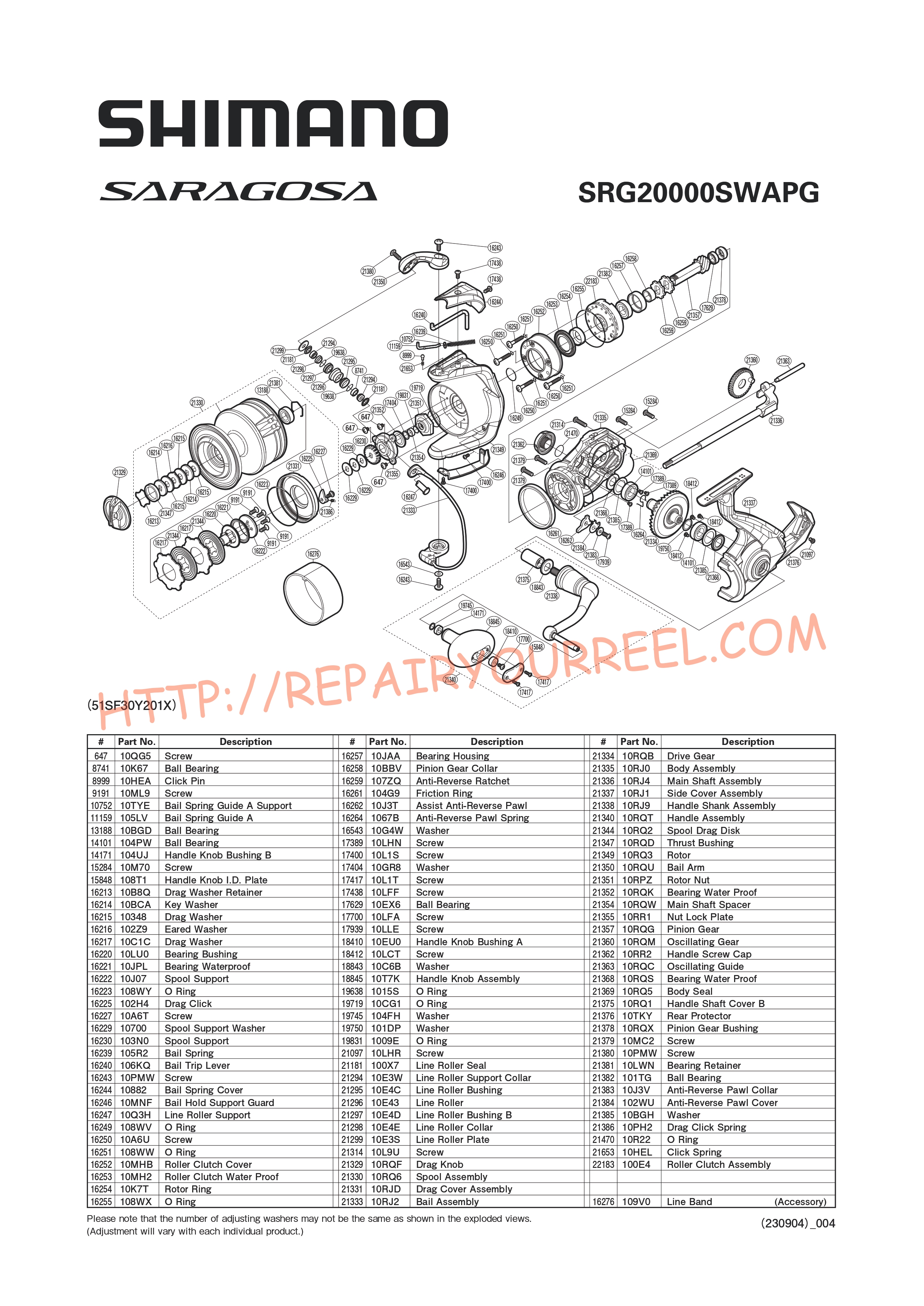 Exploded view of Shimano SARAGOSA 20000SWAPG