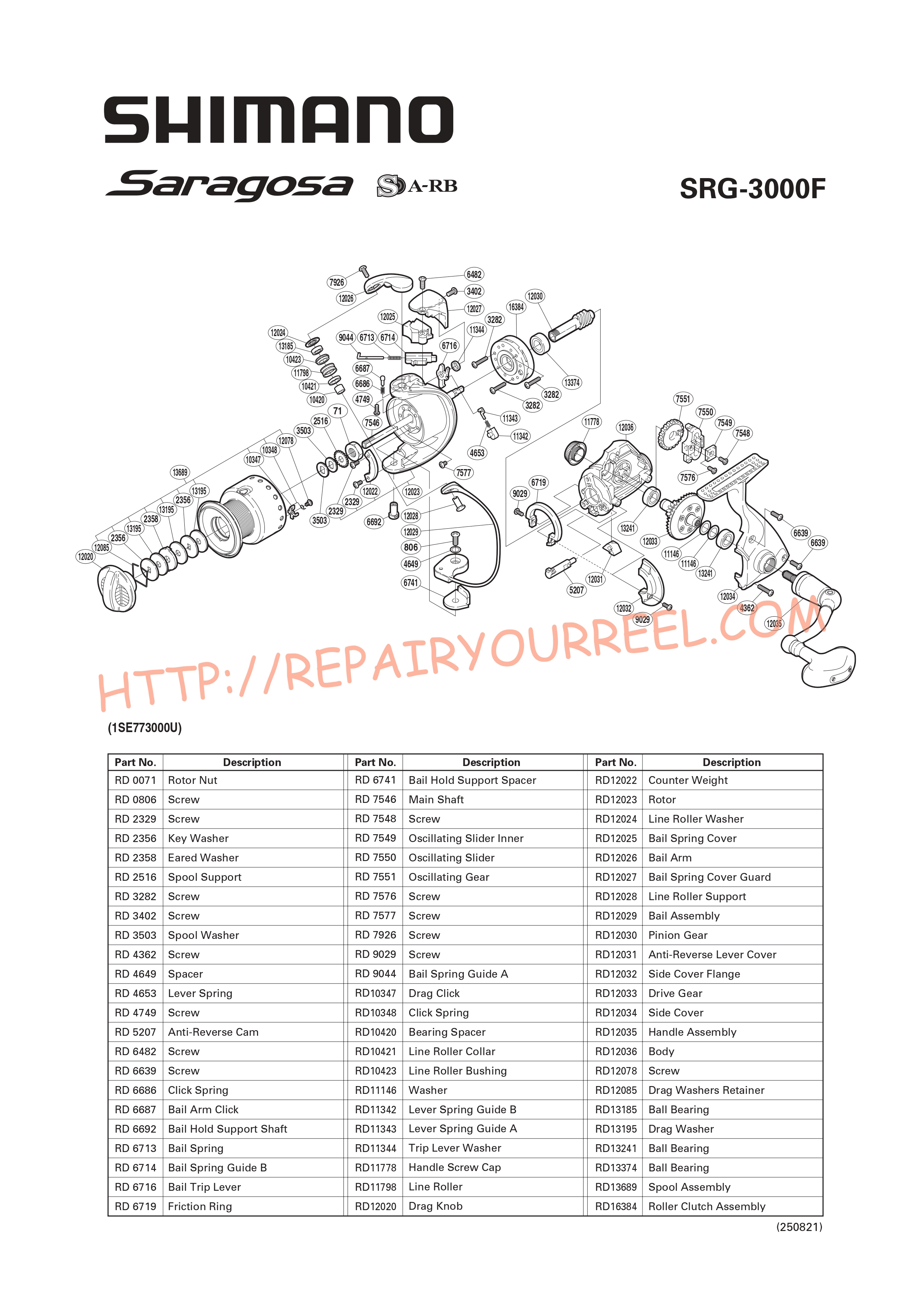 Exploded view of Shimano SARAGOSA 3000F (2008)