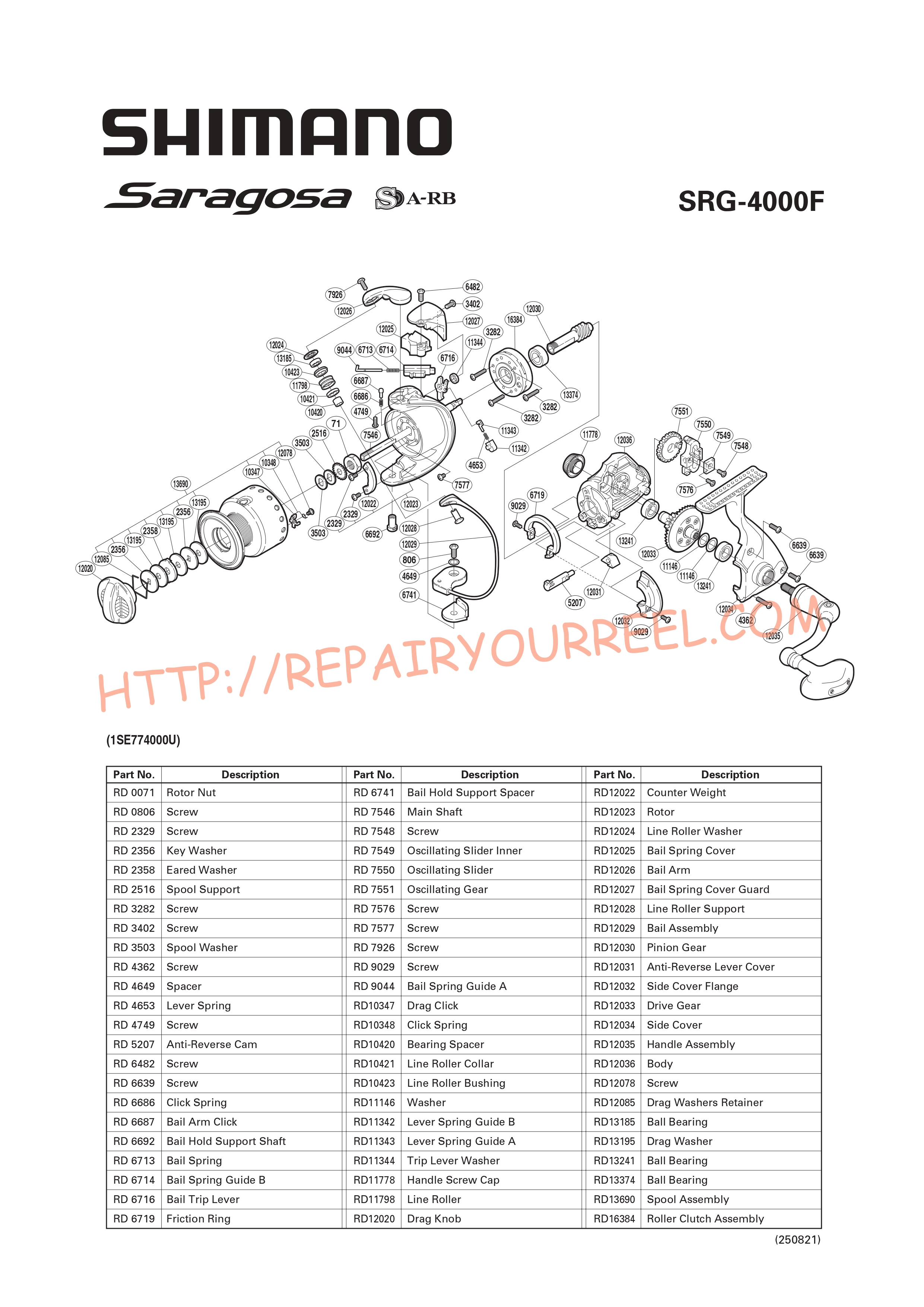 Exploded view of Shimano SARAGOSA 4000F (2008)