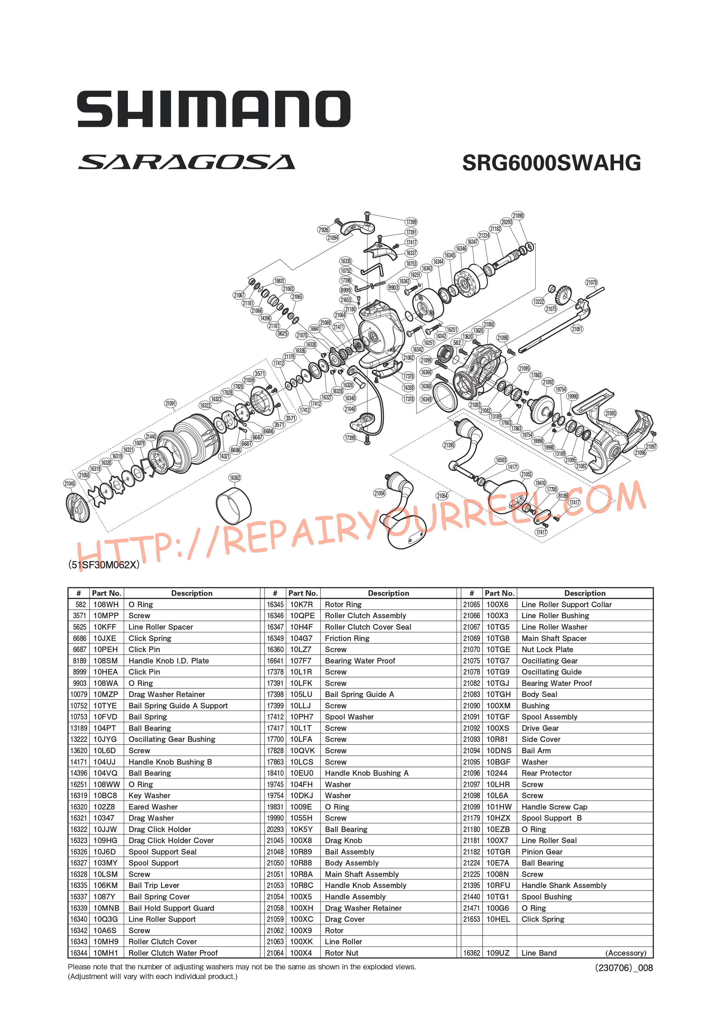Exploded view of Shimano SARAGOSA 6000SWAHG