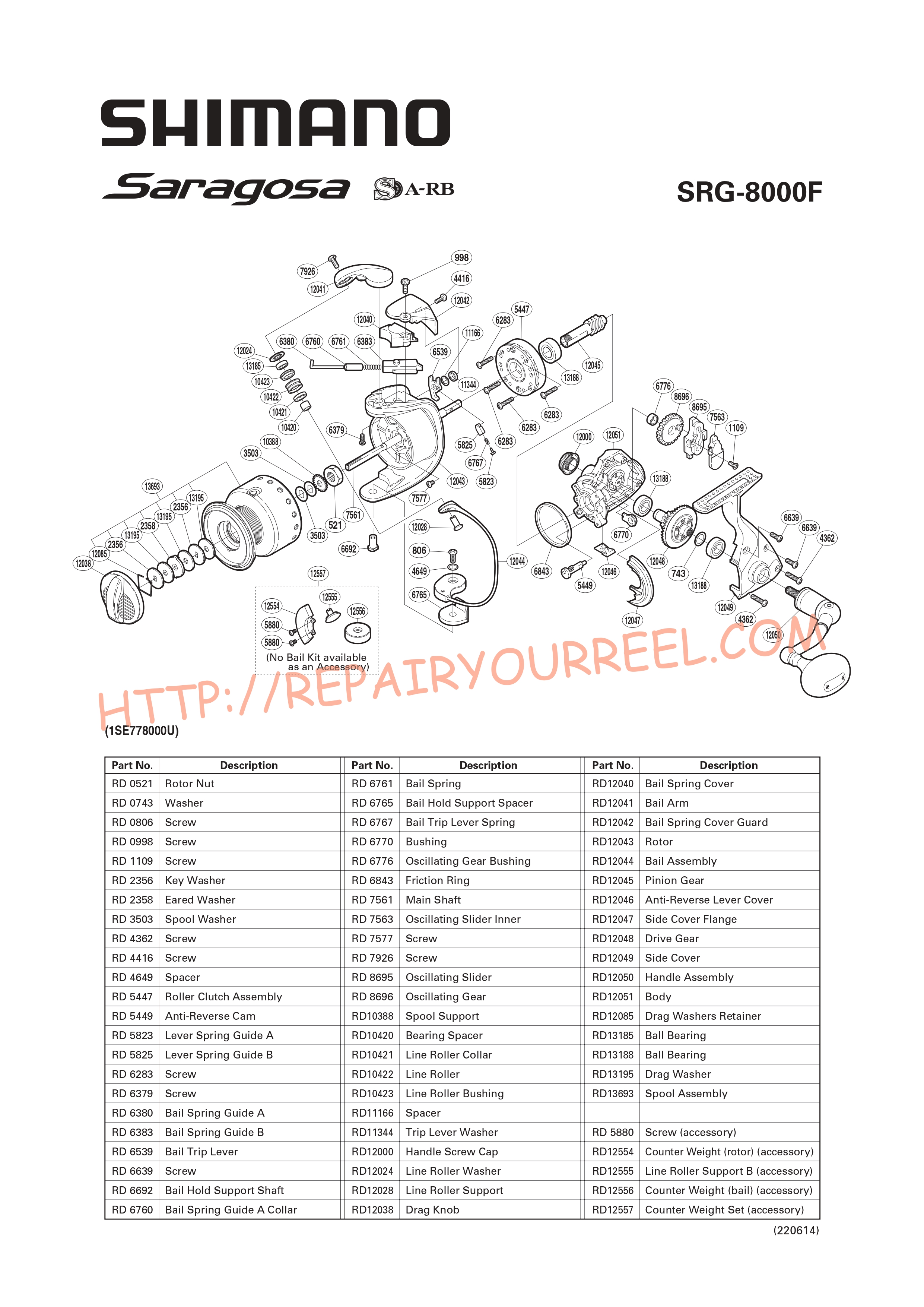 Exploded view of Shimano SARAGOSA 8000F (2008)