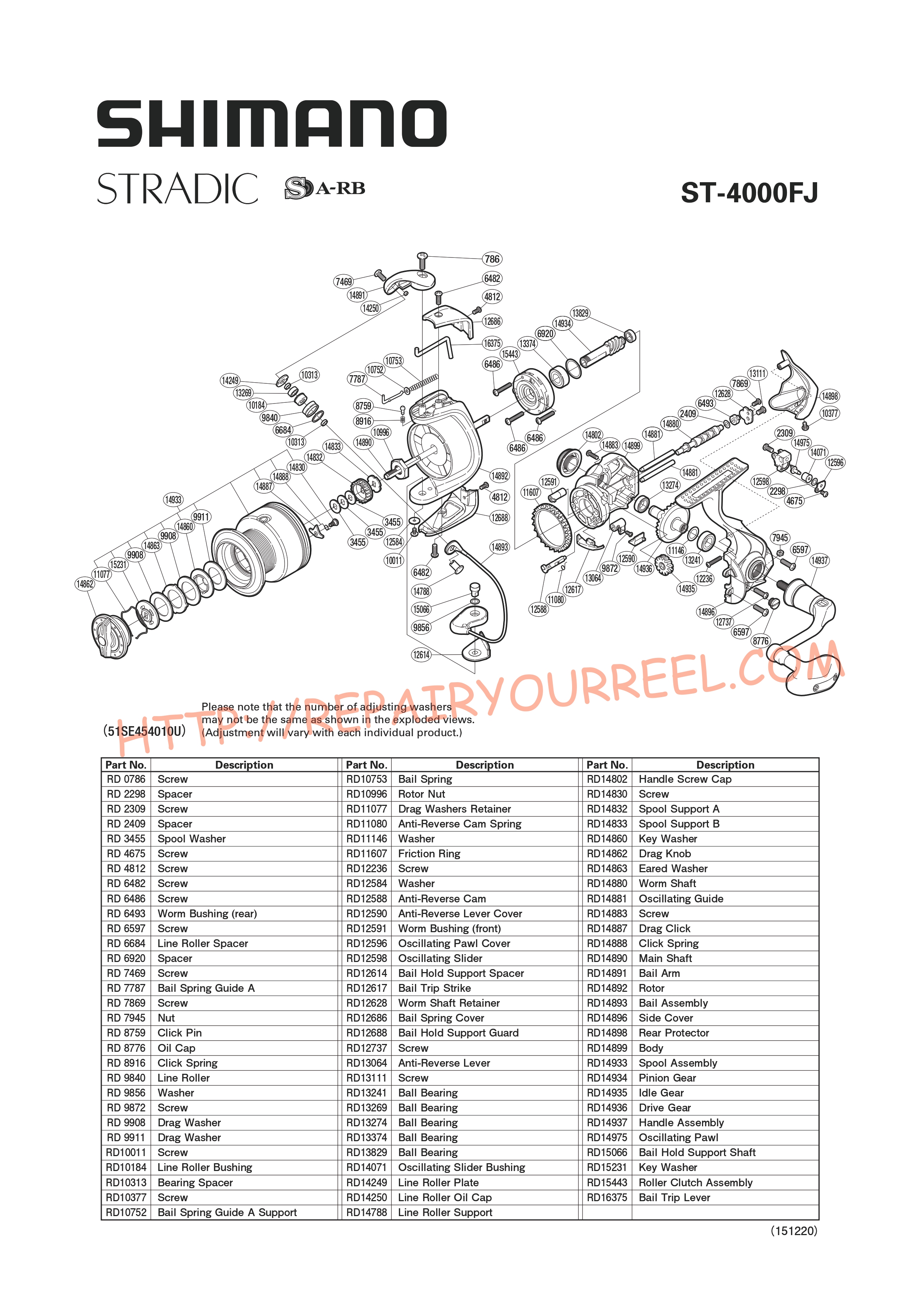 Exploded view of Shimano STRADIC 4000FJ (2012)
