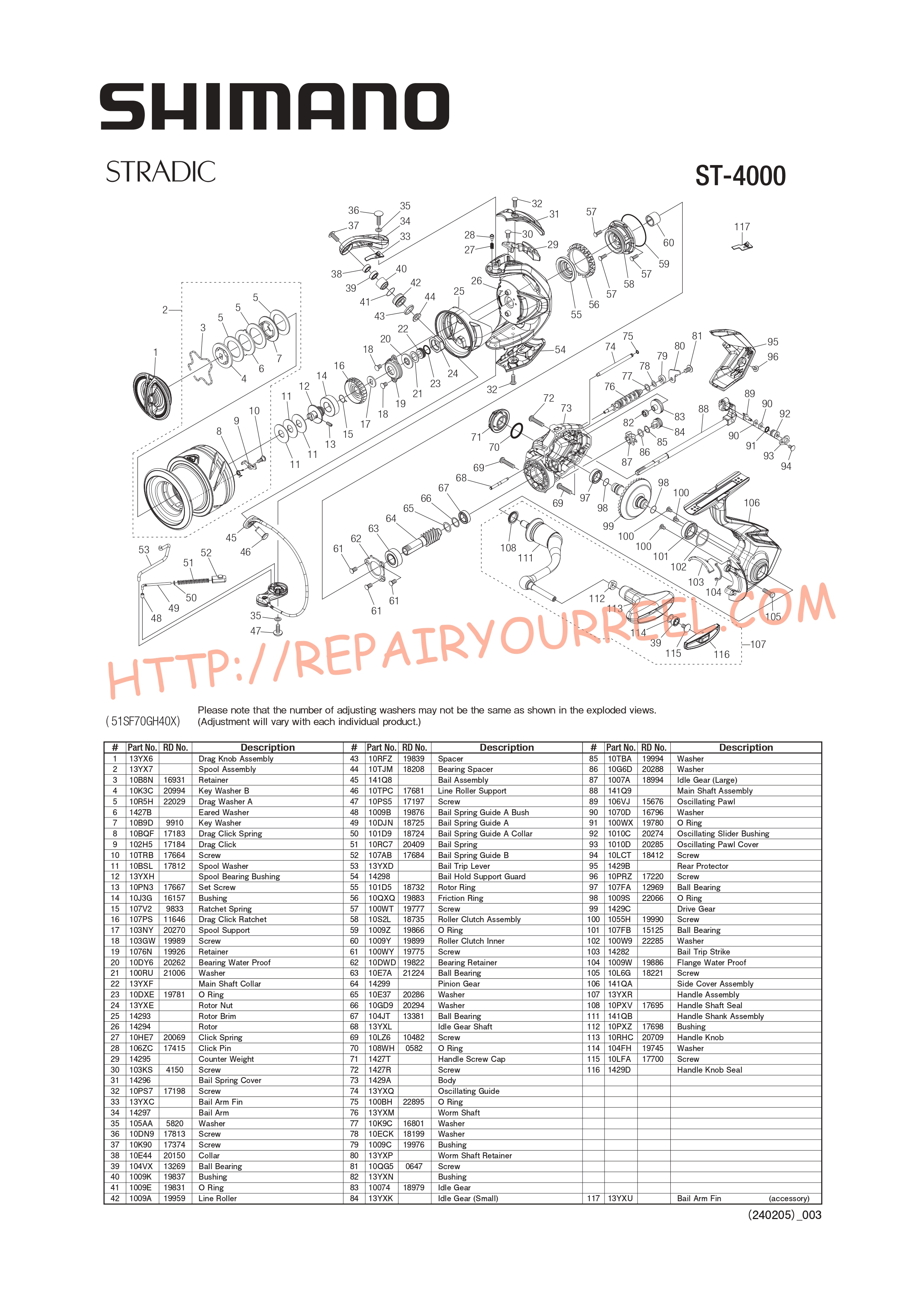 Exploded view of Shimano STRADIC 4000FM (2023)