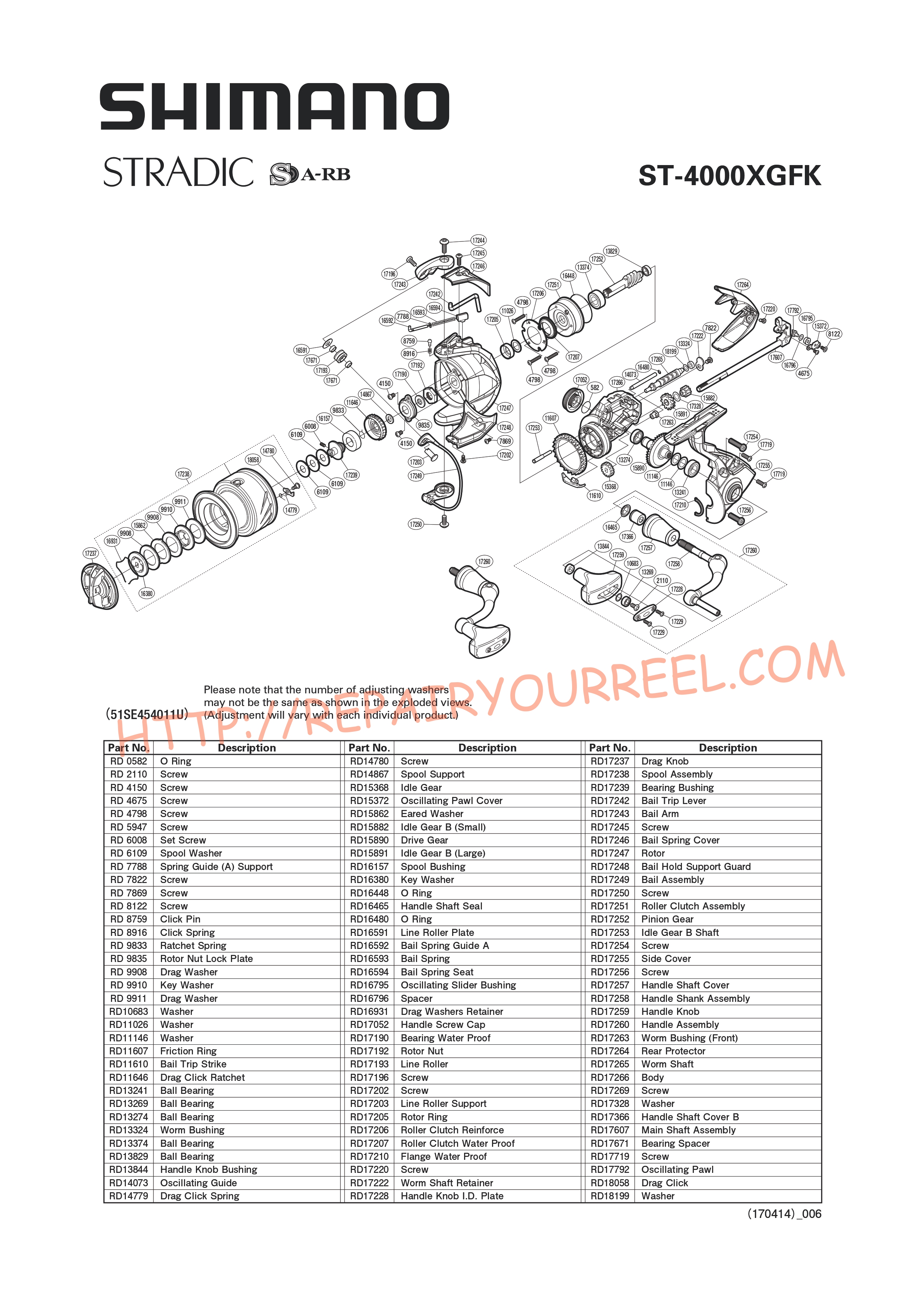 Exploded view of Shimano STRADIC 4000XGFK (2015)