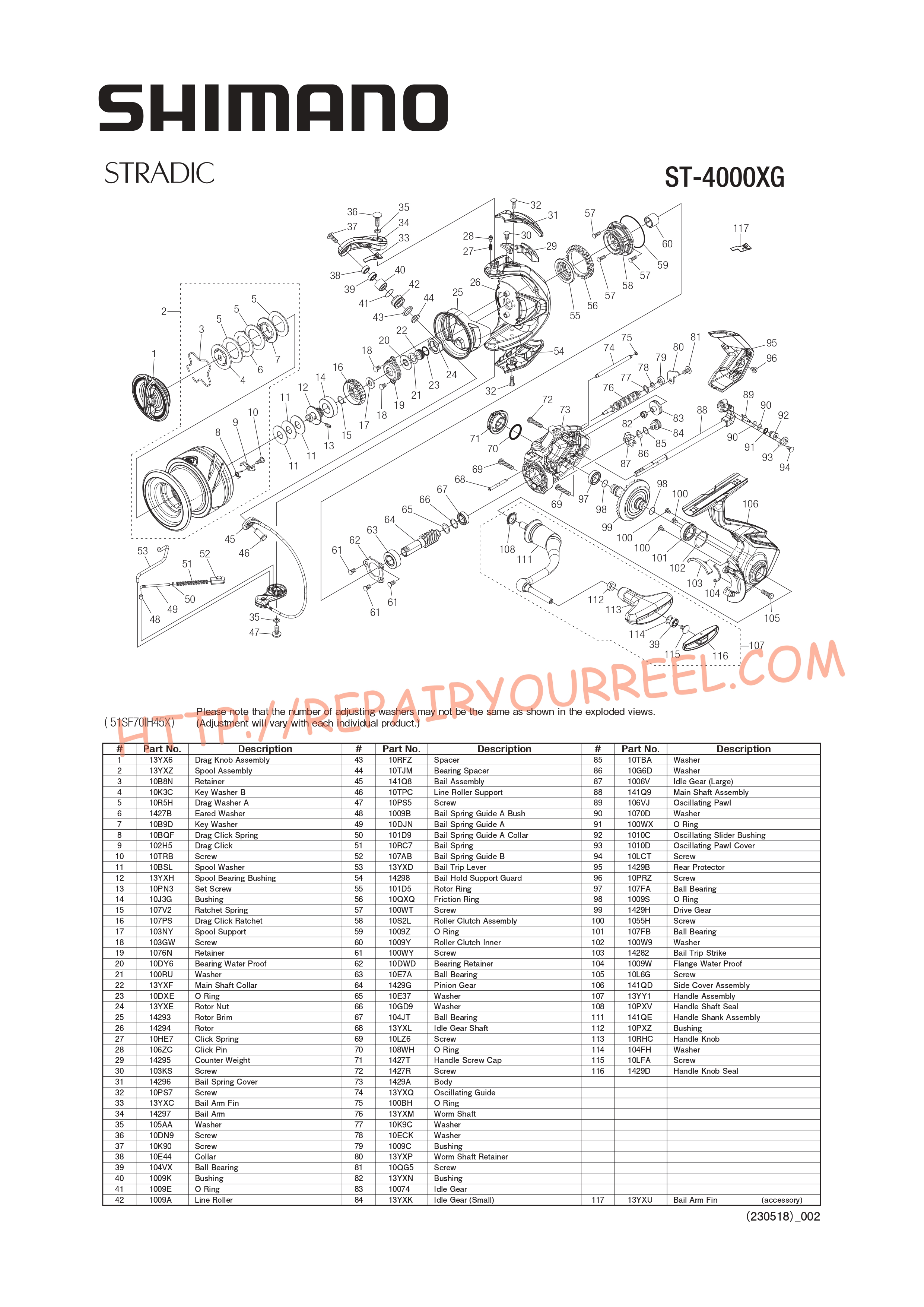 Exploded view of Shimano STRADIC 4000XGFM (2023)