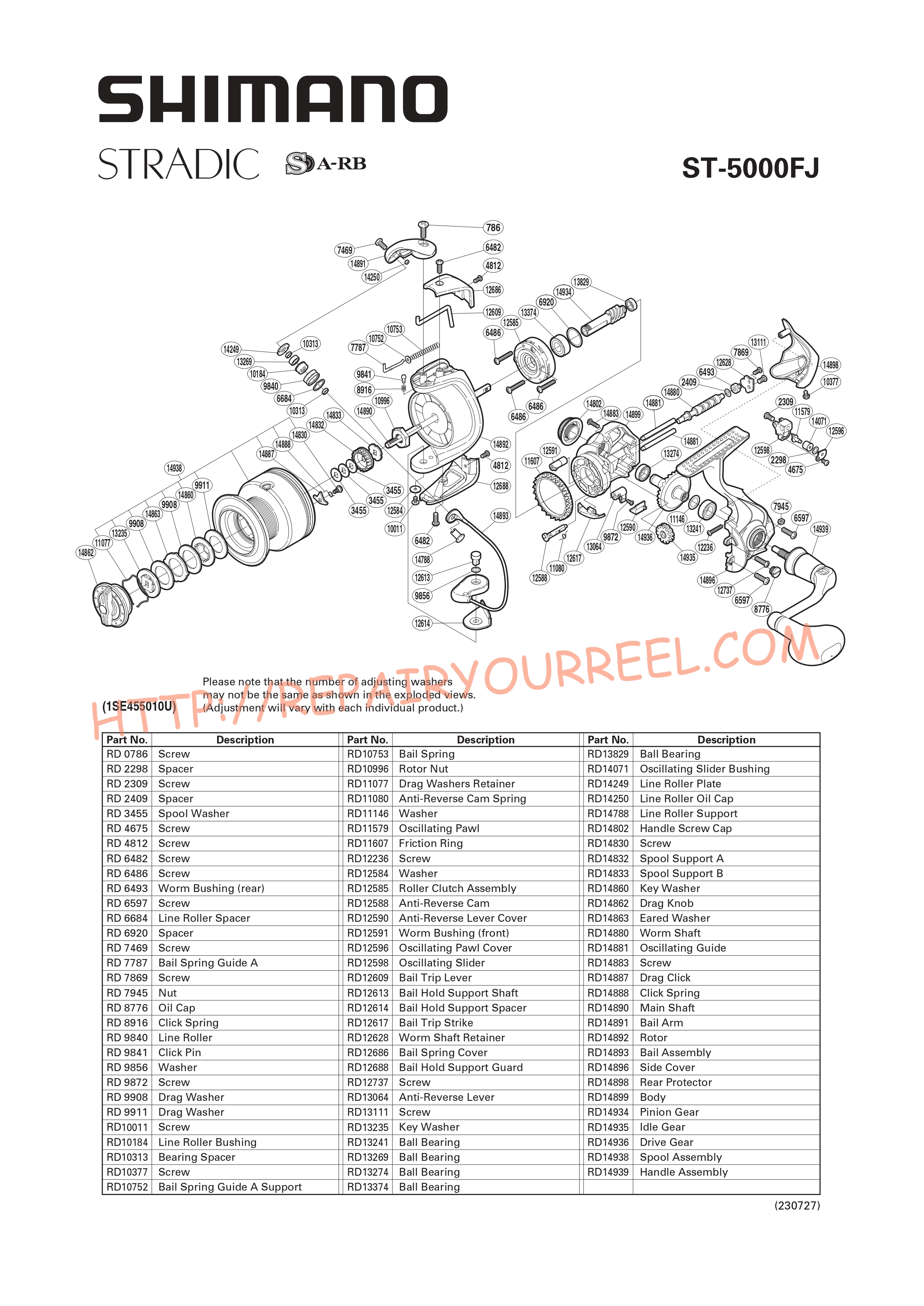 Exploded view of Shimano STRADIC 5000FJ (2012)