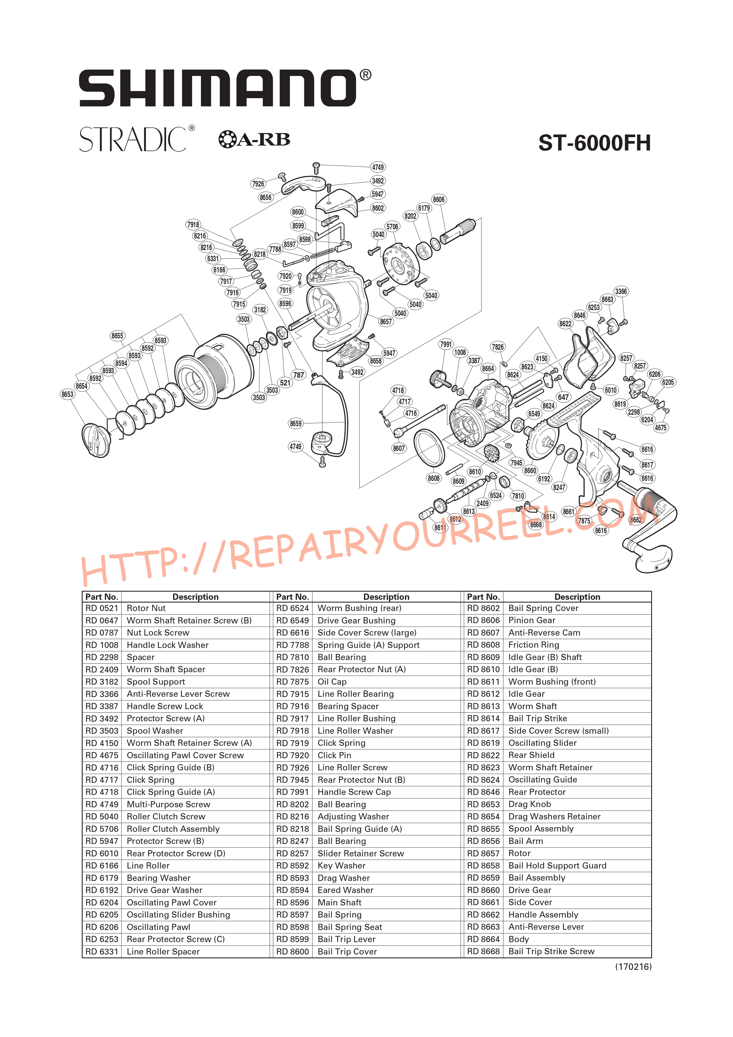 Exploded view of Shimano STRADIC 6000FH (2003)