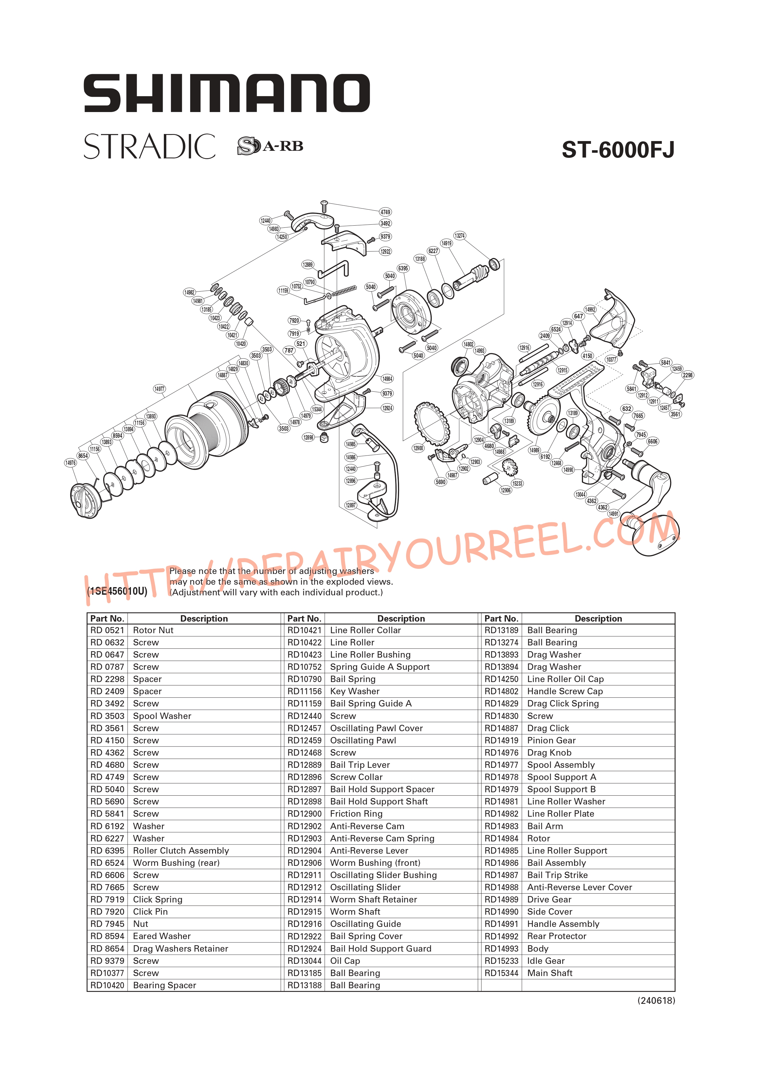 Exploded view of Shimano STRADIC 6000FJ (2012)