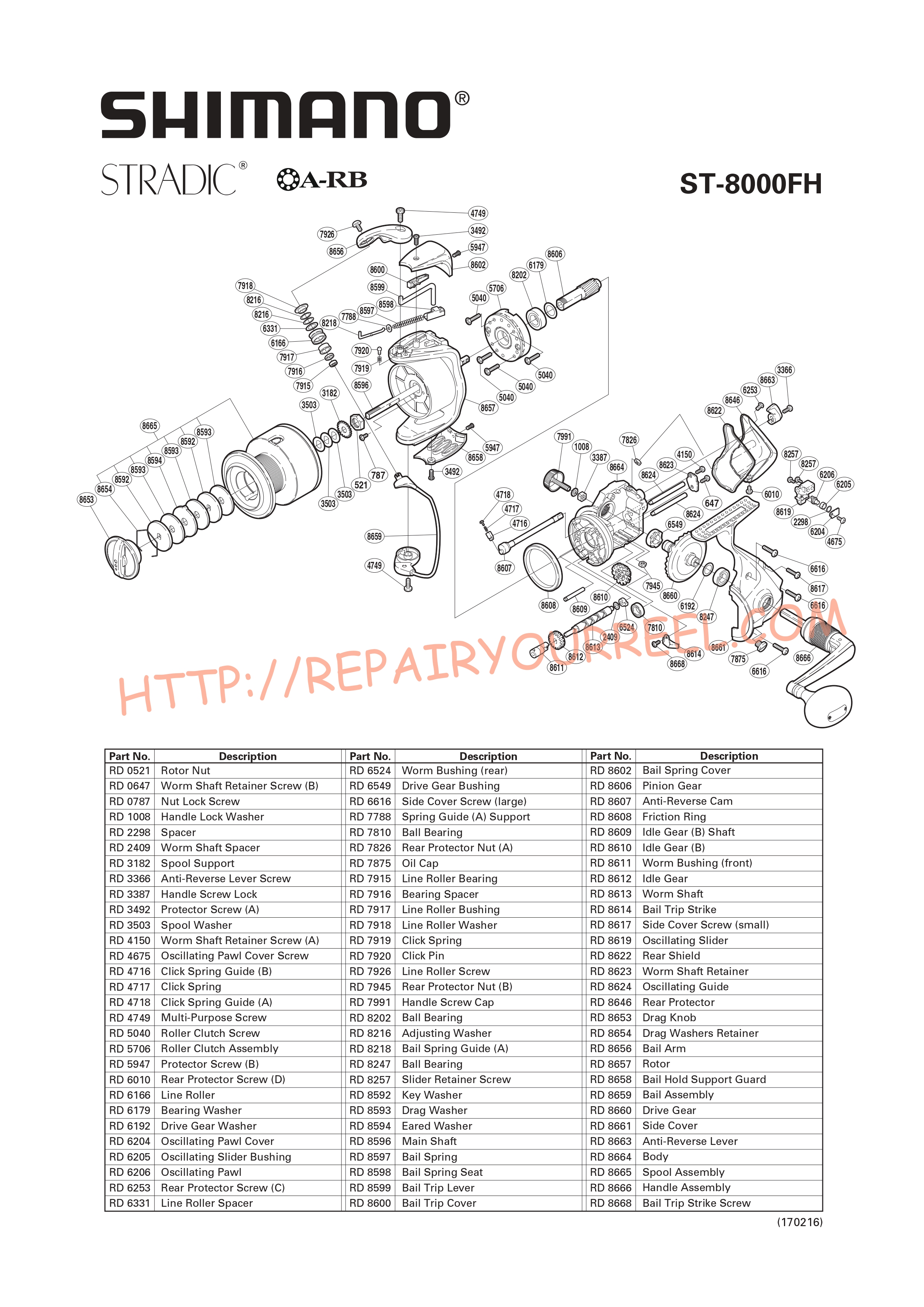 Exploded view of Shimano STRADIC 8000FH (2003)