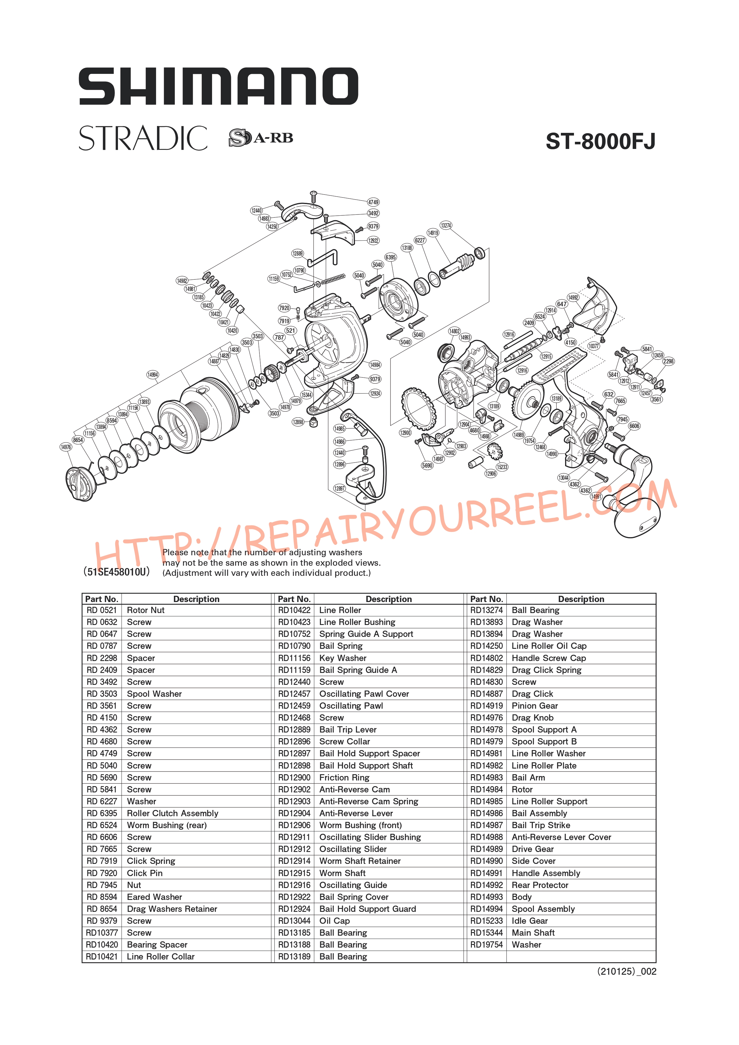Exploded view of Shimano STRADIC 8000FJ (2012)
