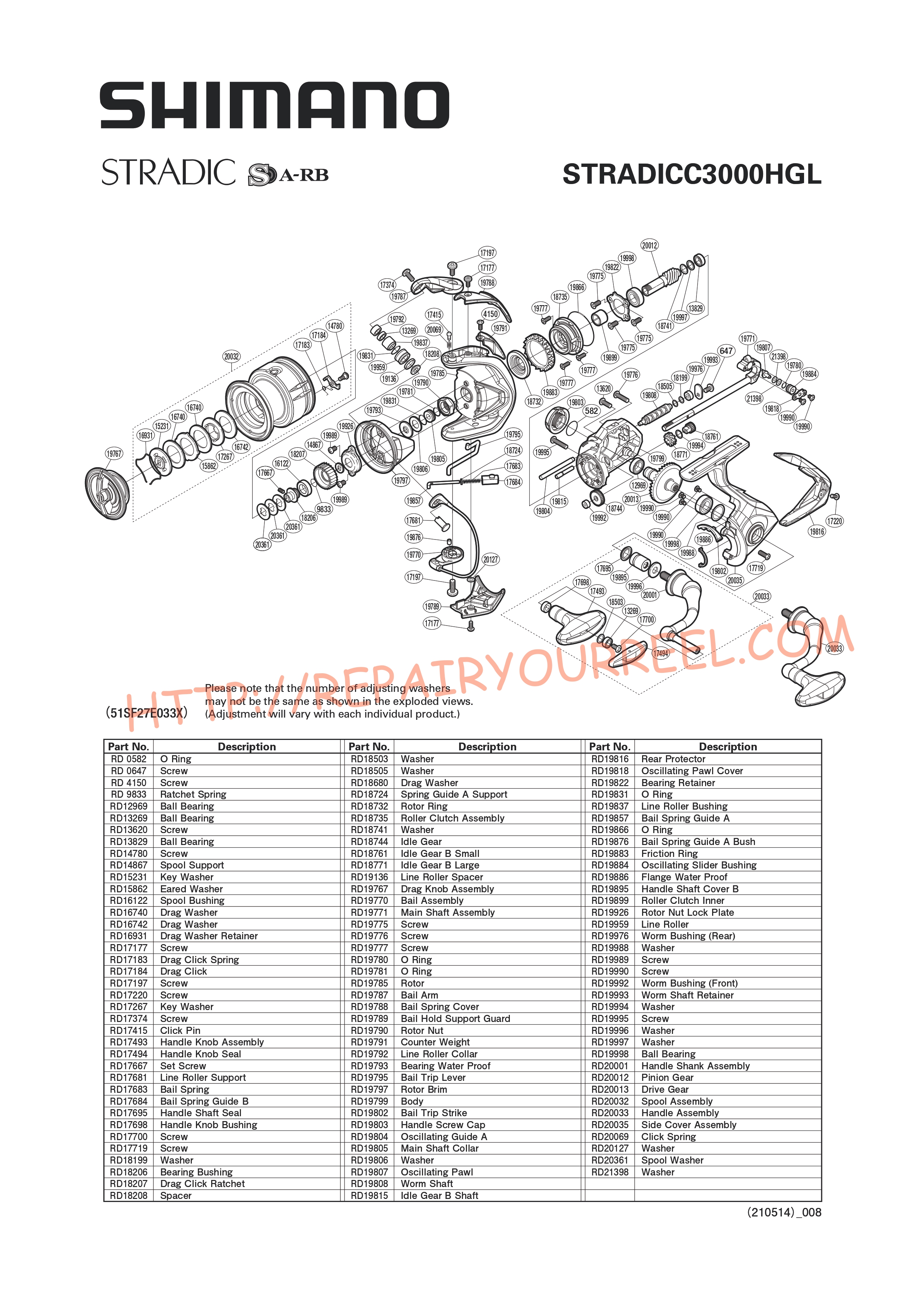 Exploded view of Shimano STRADIC C3000HGFL (2019)