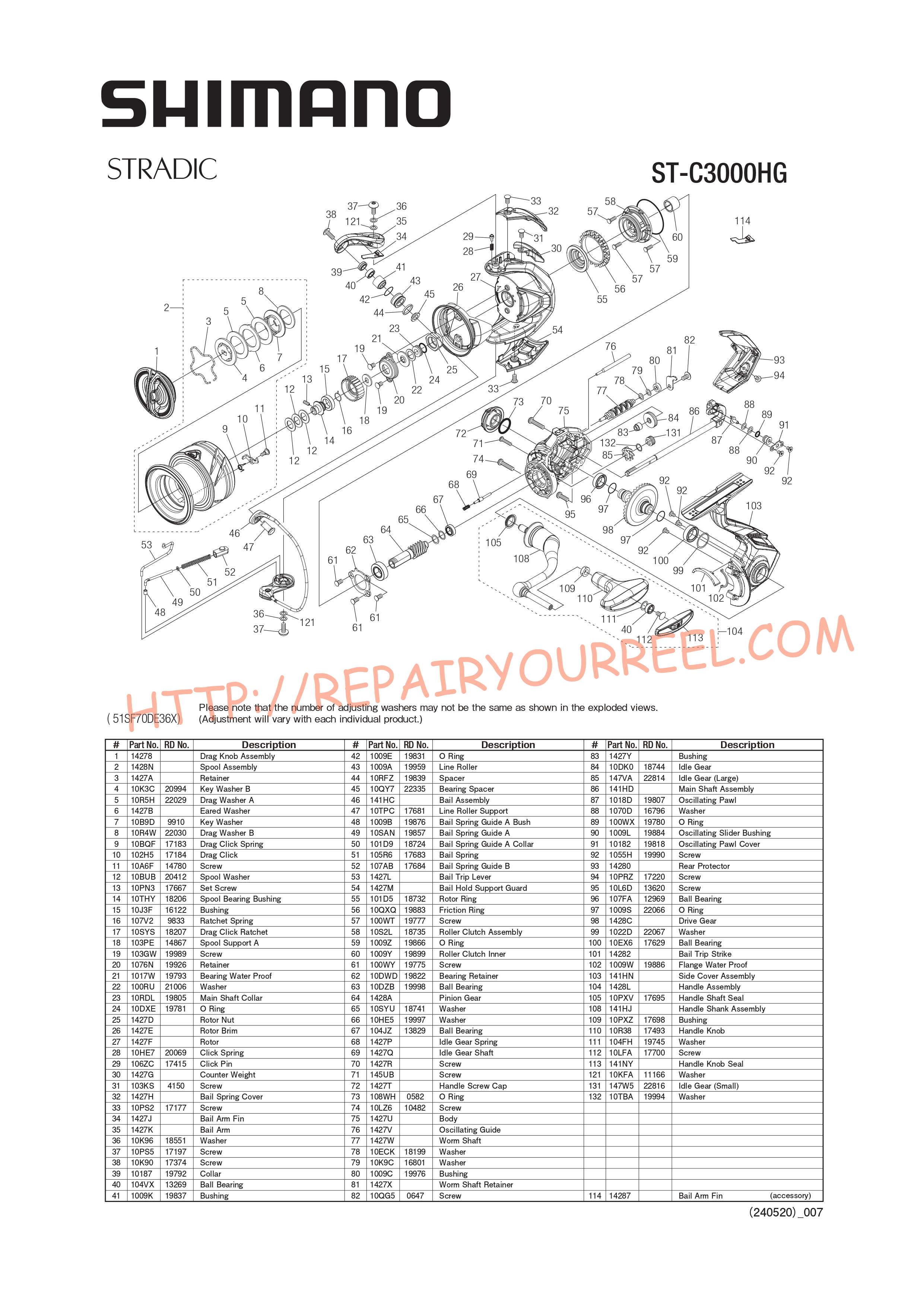 Exploded view of Shimano STRADIC C3000HGFM (2023)