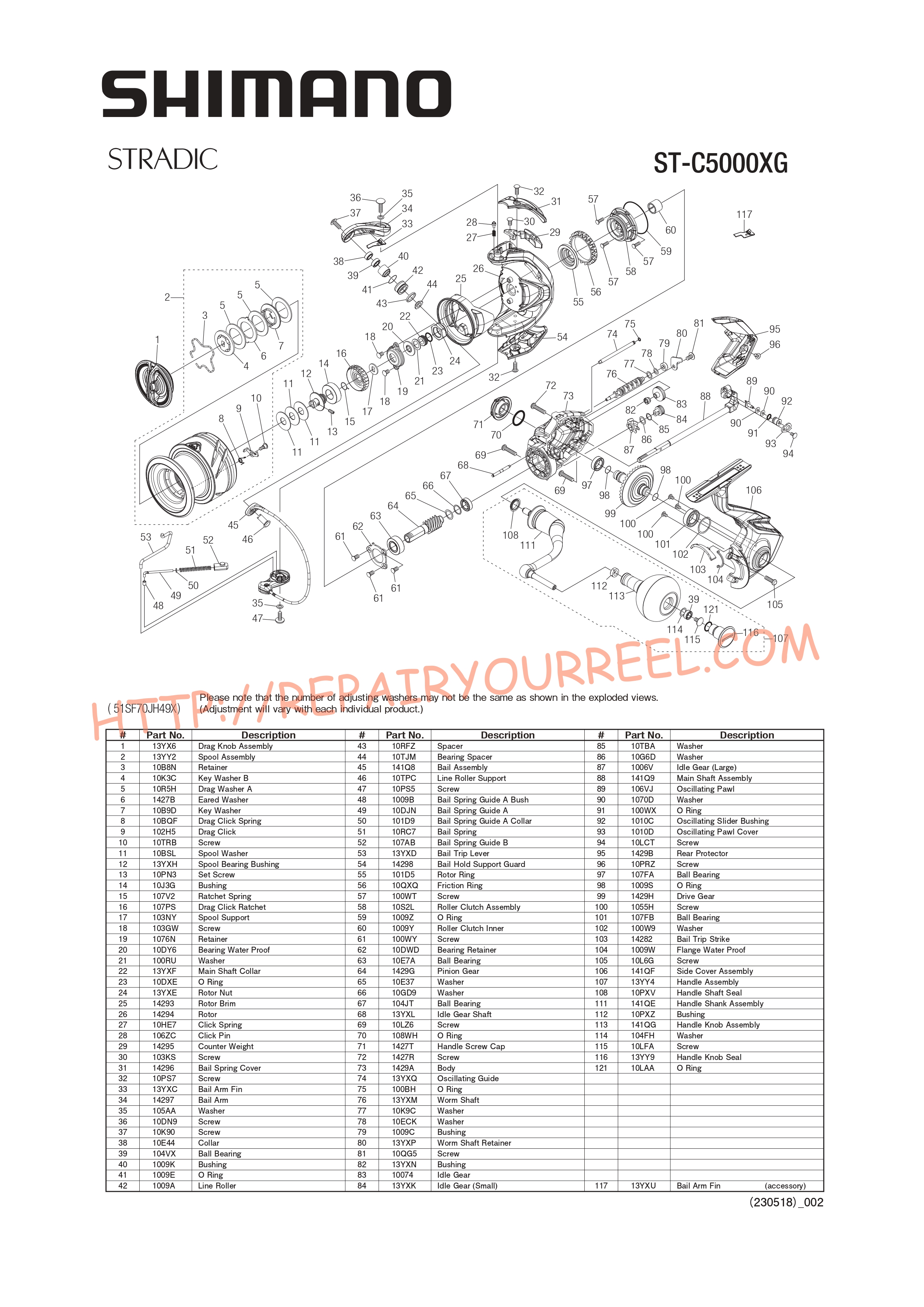 Exploded view of Shimano STRADIC C5000XGFM (2023)