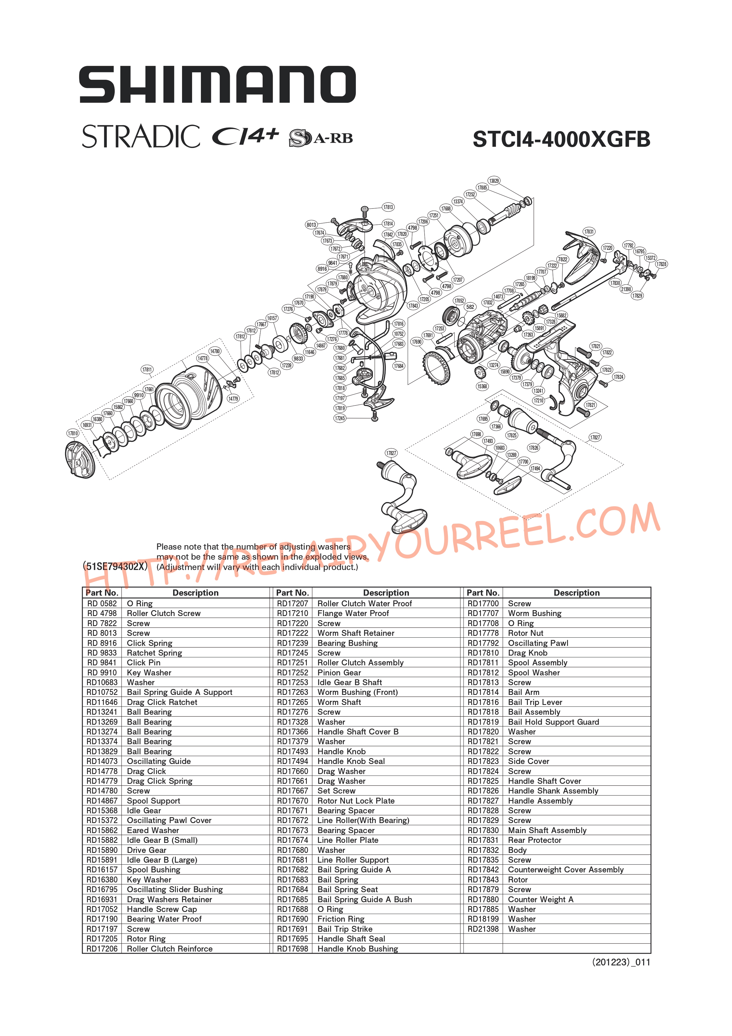 Exploded view of Shimano STRADIC CI44000XGFB (2016)