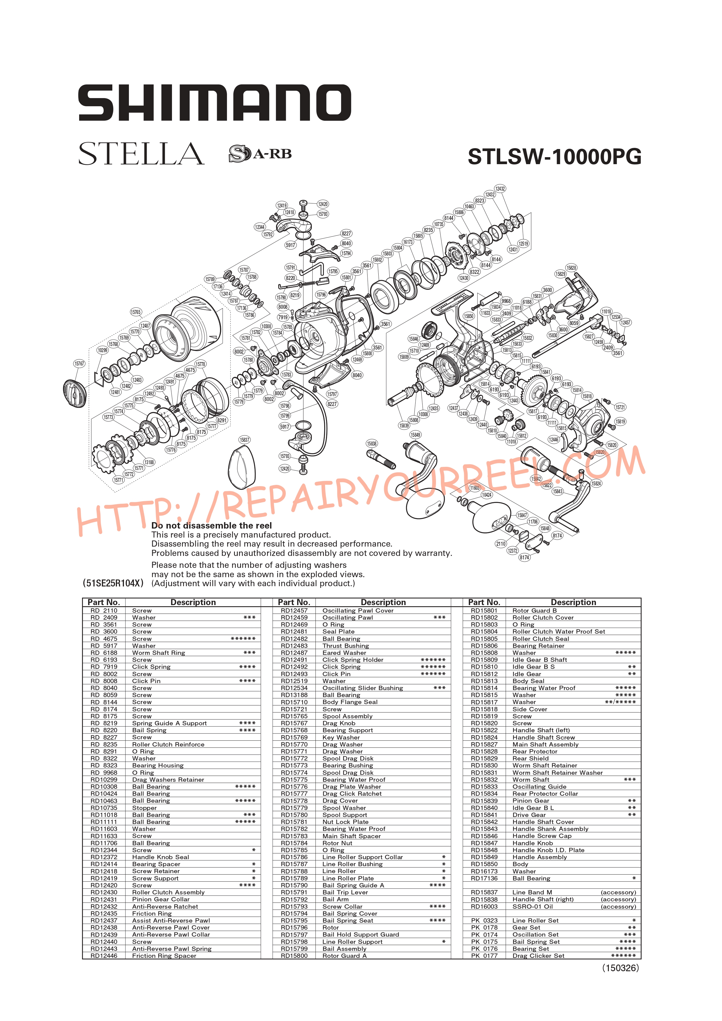 Exploded view of Shimano STELLA STL10000SWBPG