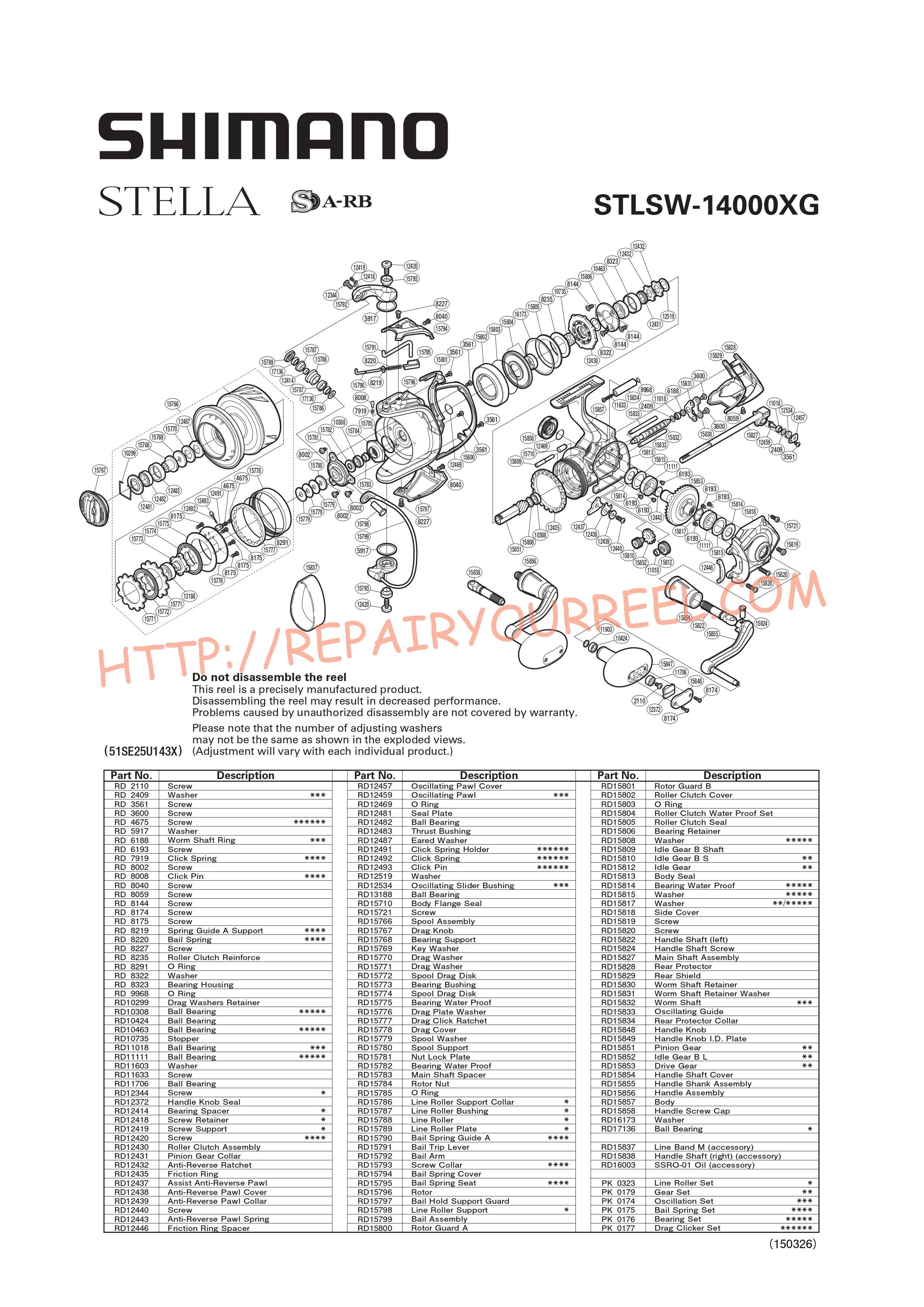 Exploded view of Shimano STELLA STL14000SWBXG
