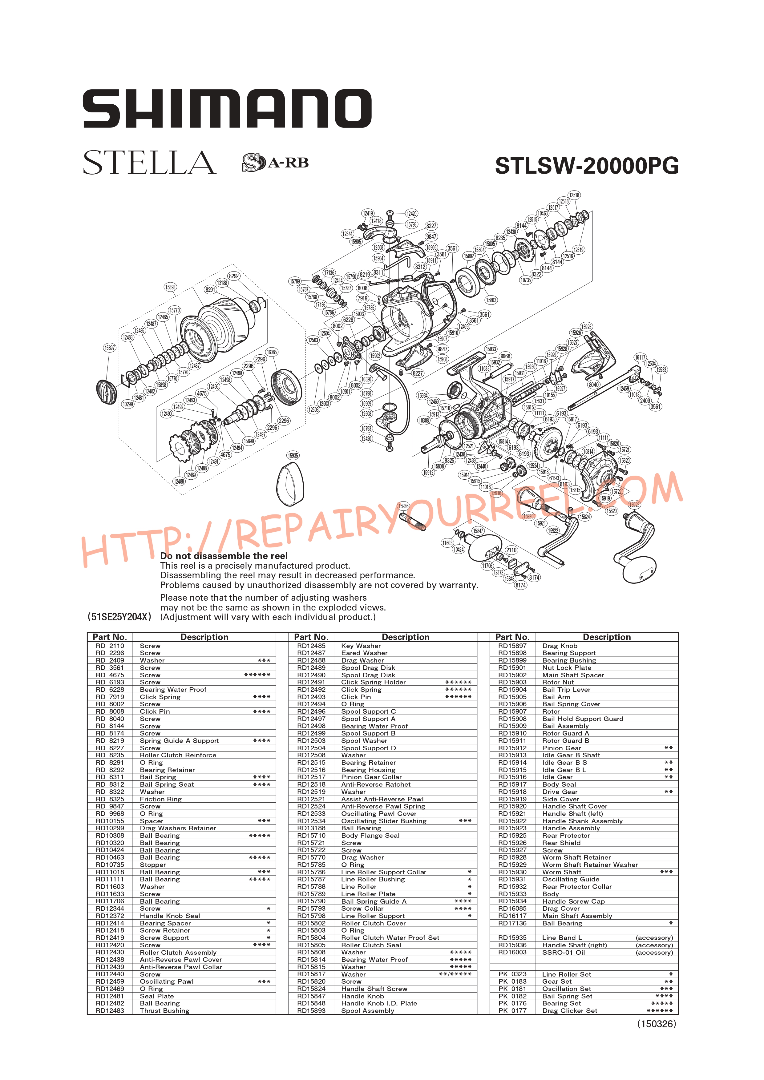 Exploded view of Shimano STELLA STL20000SWBPG