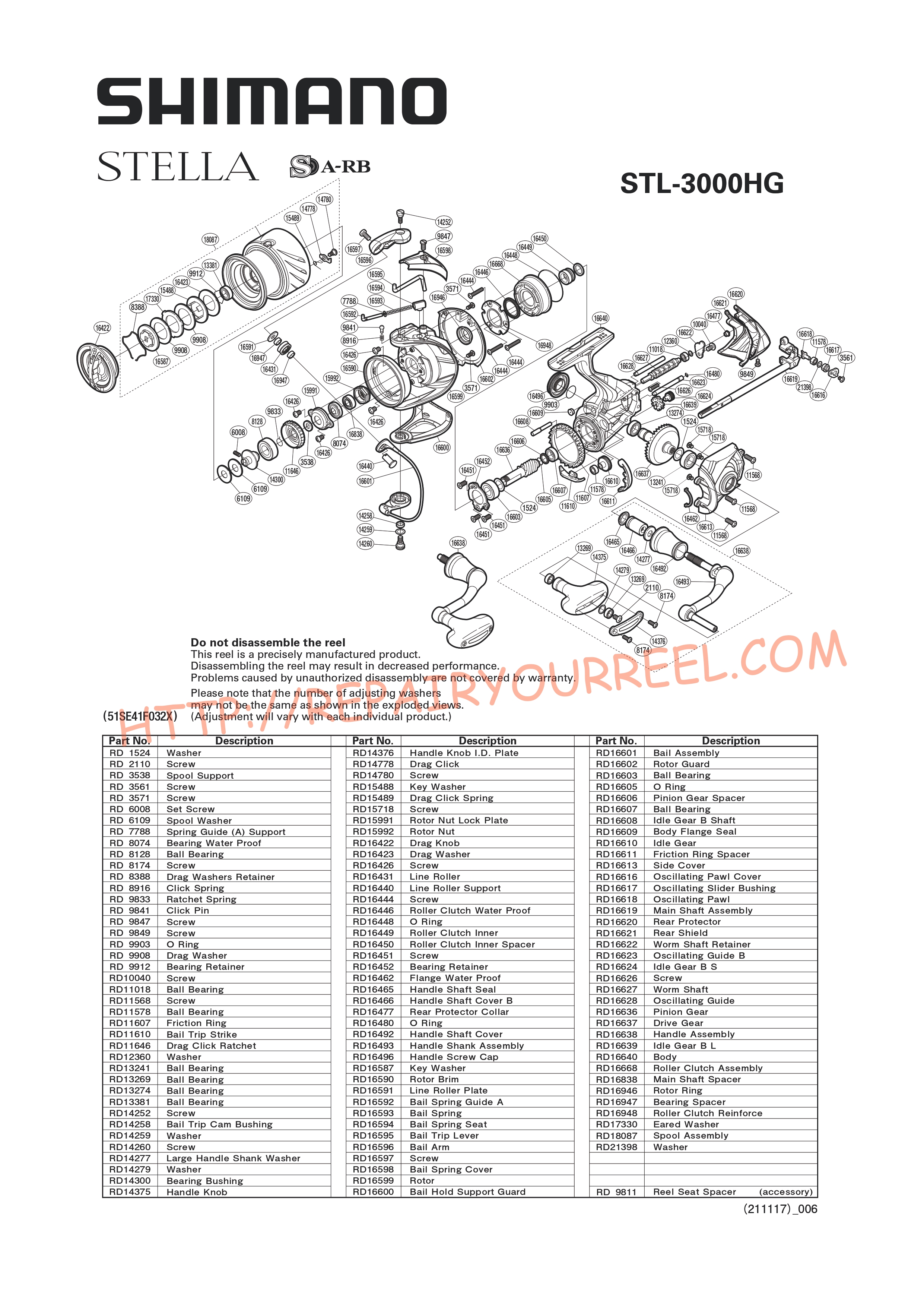 Exploded view of Shimano STELLA 3000HGFI (2014)