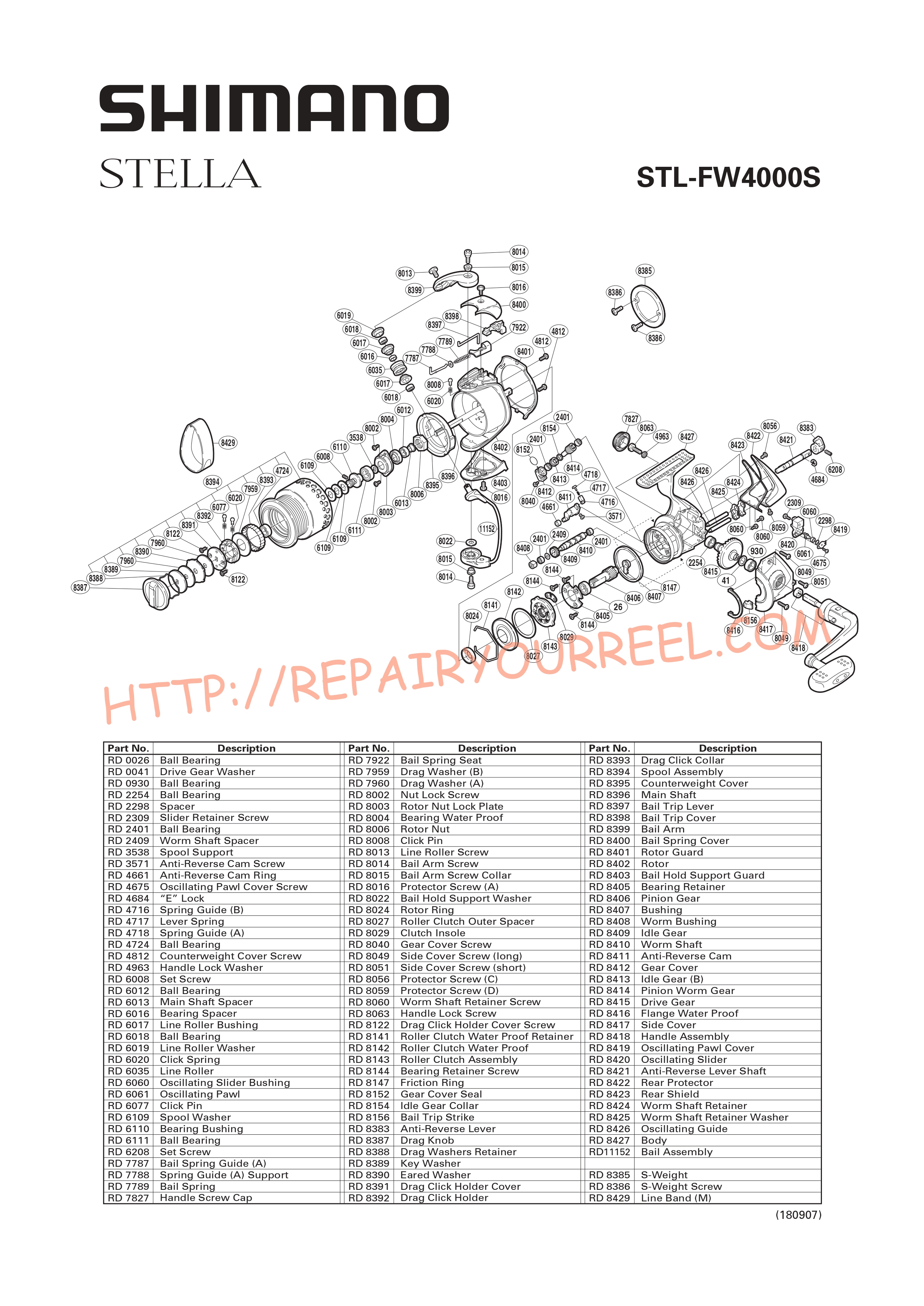 Exploded view of Shimano STELLA 4000FW (2001)