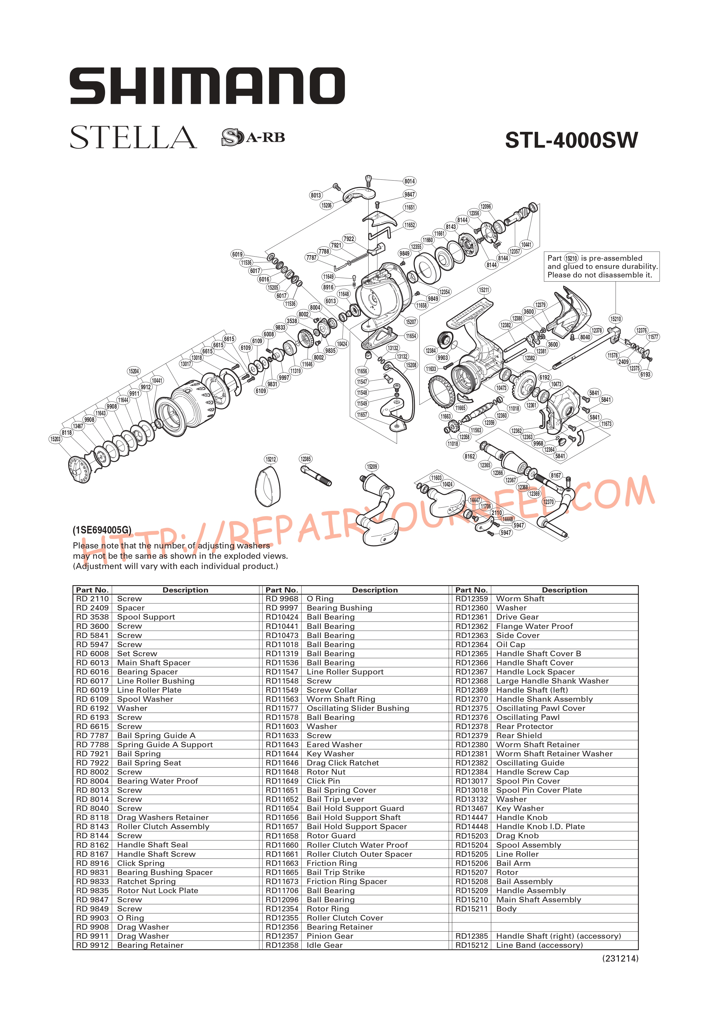 Exploded view of Shimano STELLA 4000SW (2009)