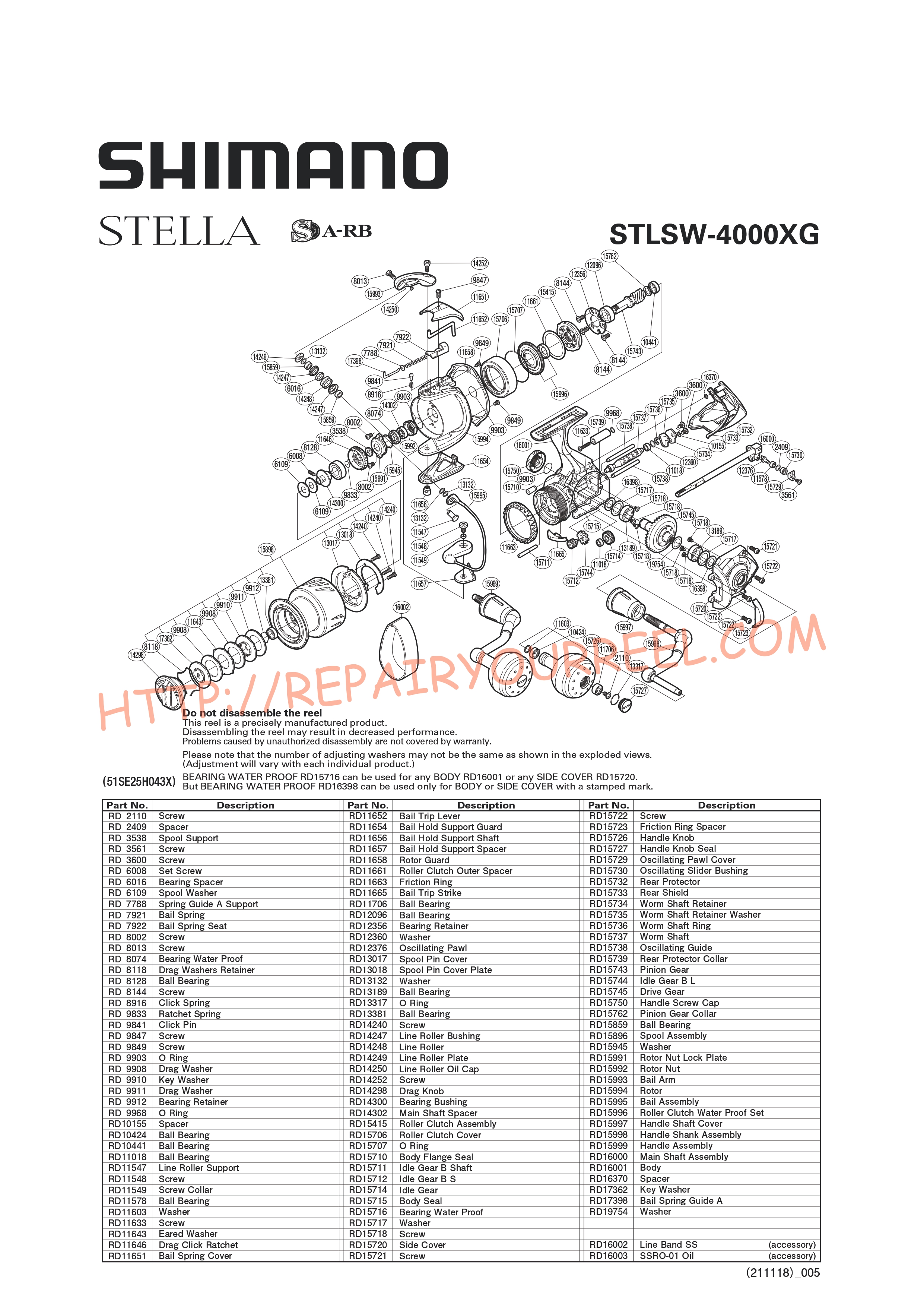 Exploded view of Shimano STELLA STL4000SWBXG