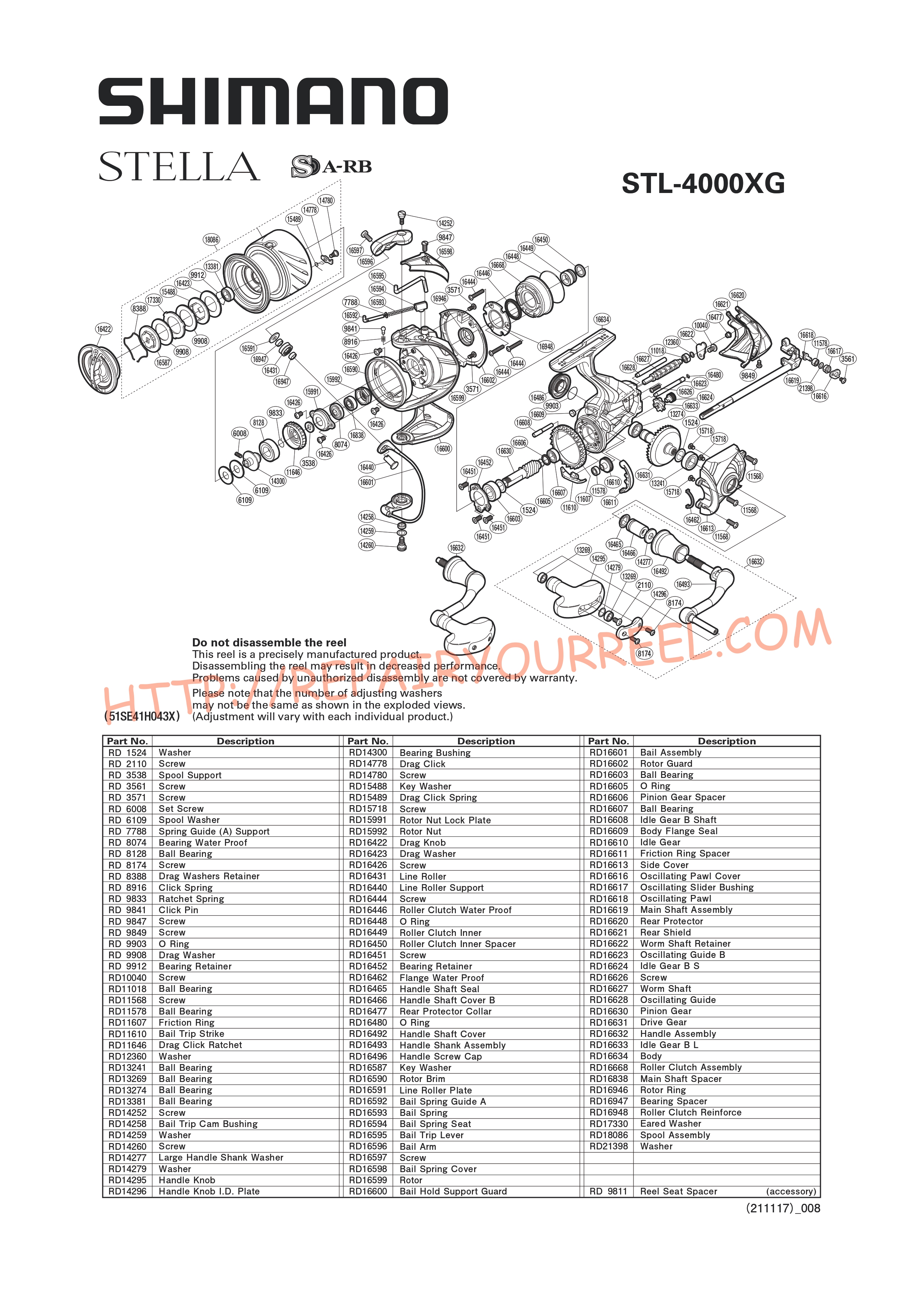 Exploded view of Shimano STELLA 4000XGFI (2014)