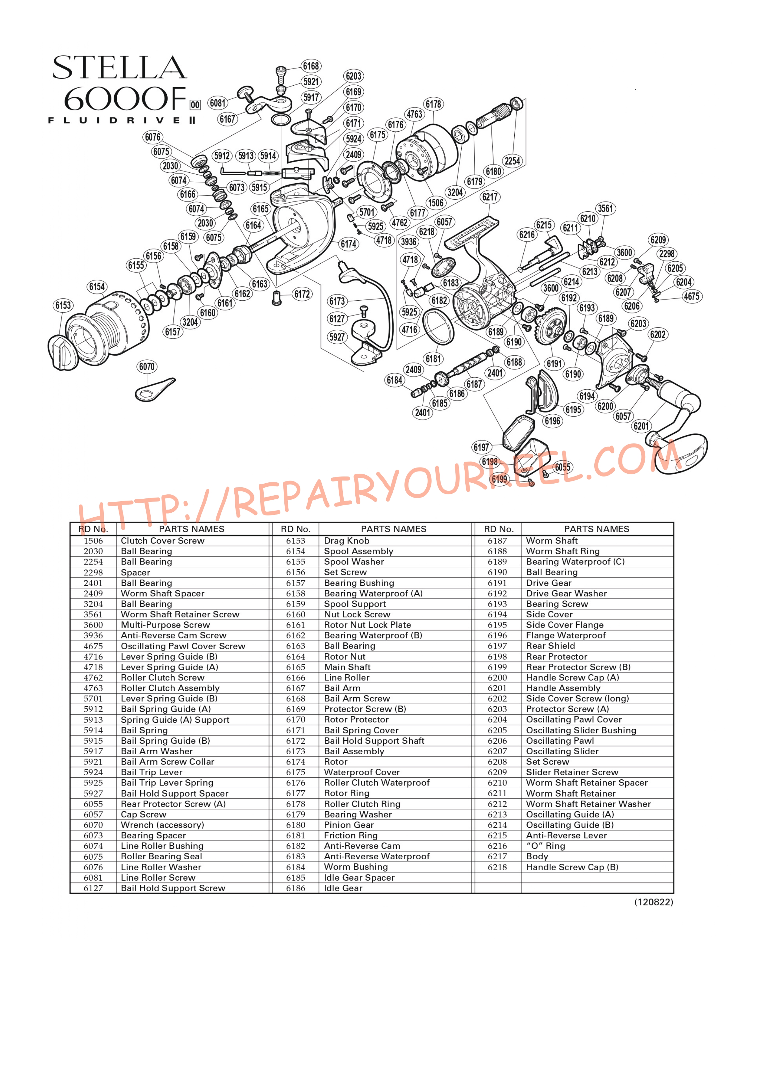 Exploded view of Shimano STELLA 6000F (2000)