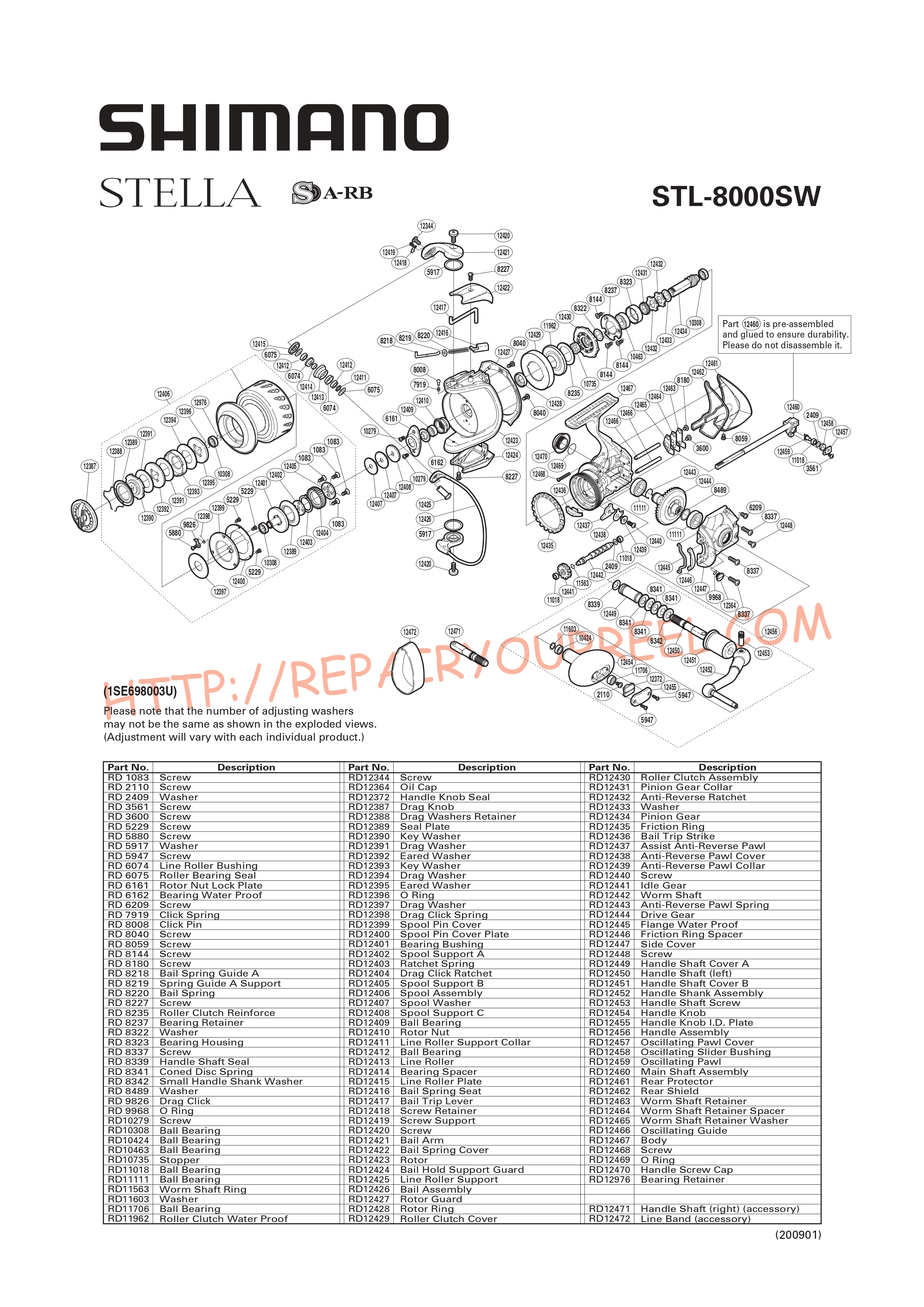 Exploded view of Shimano STELLA 8000SW (2009)