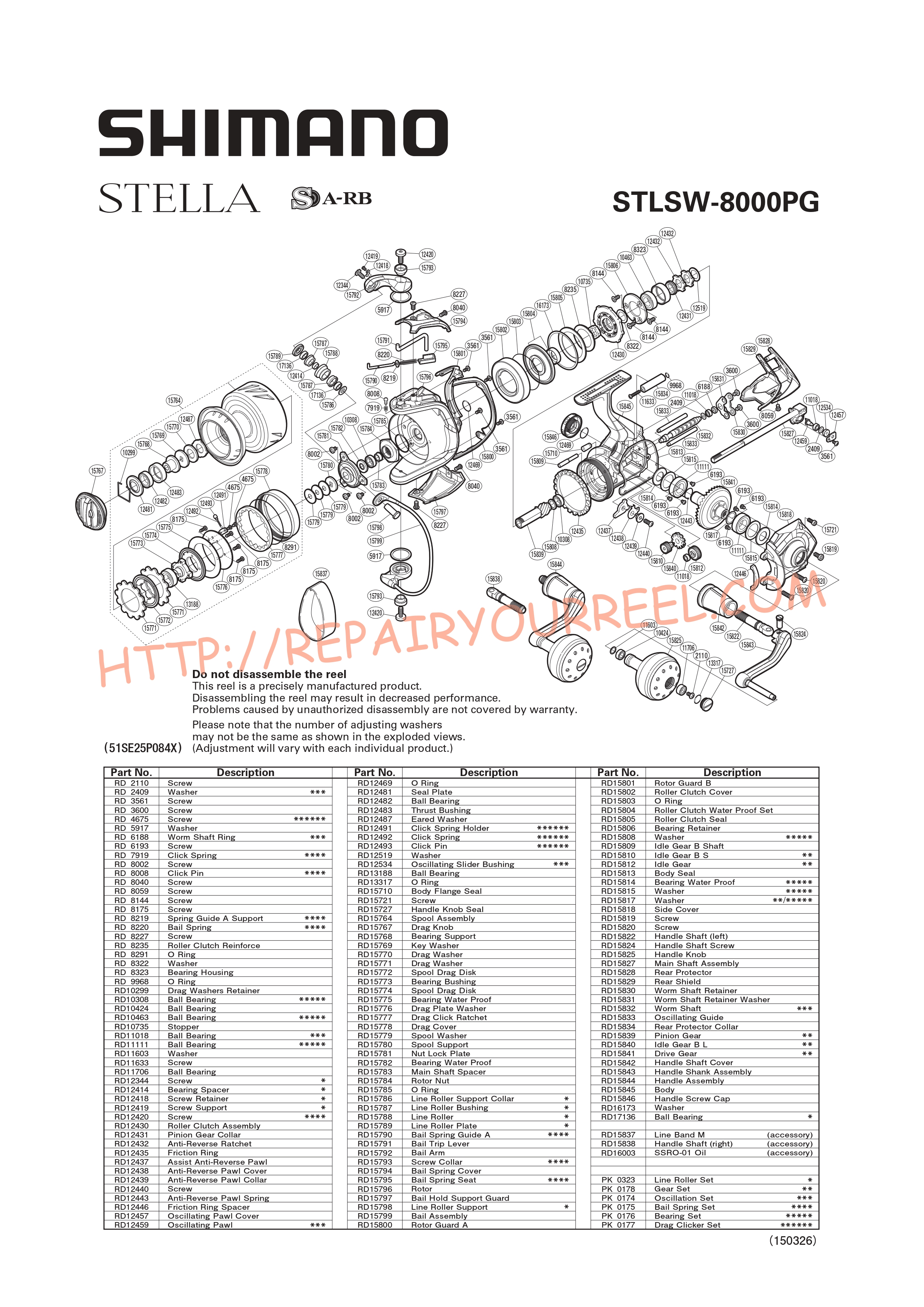 Exploded view of Shimano STELLA STL8000SWBPG