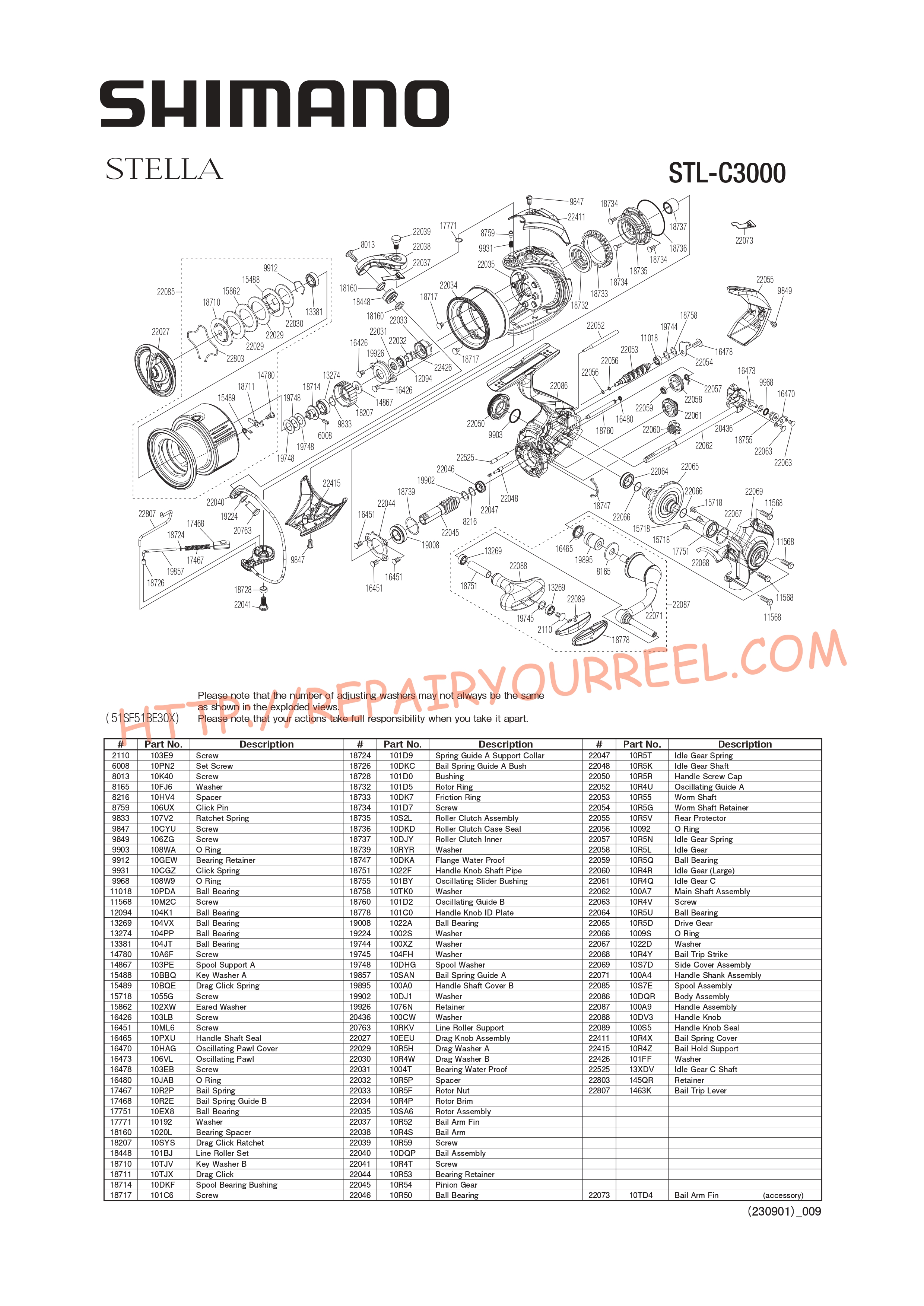 Exploded view of Shimano STELLA C3000FK (2022)