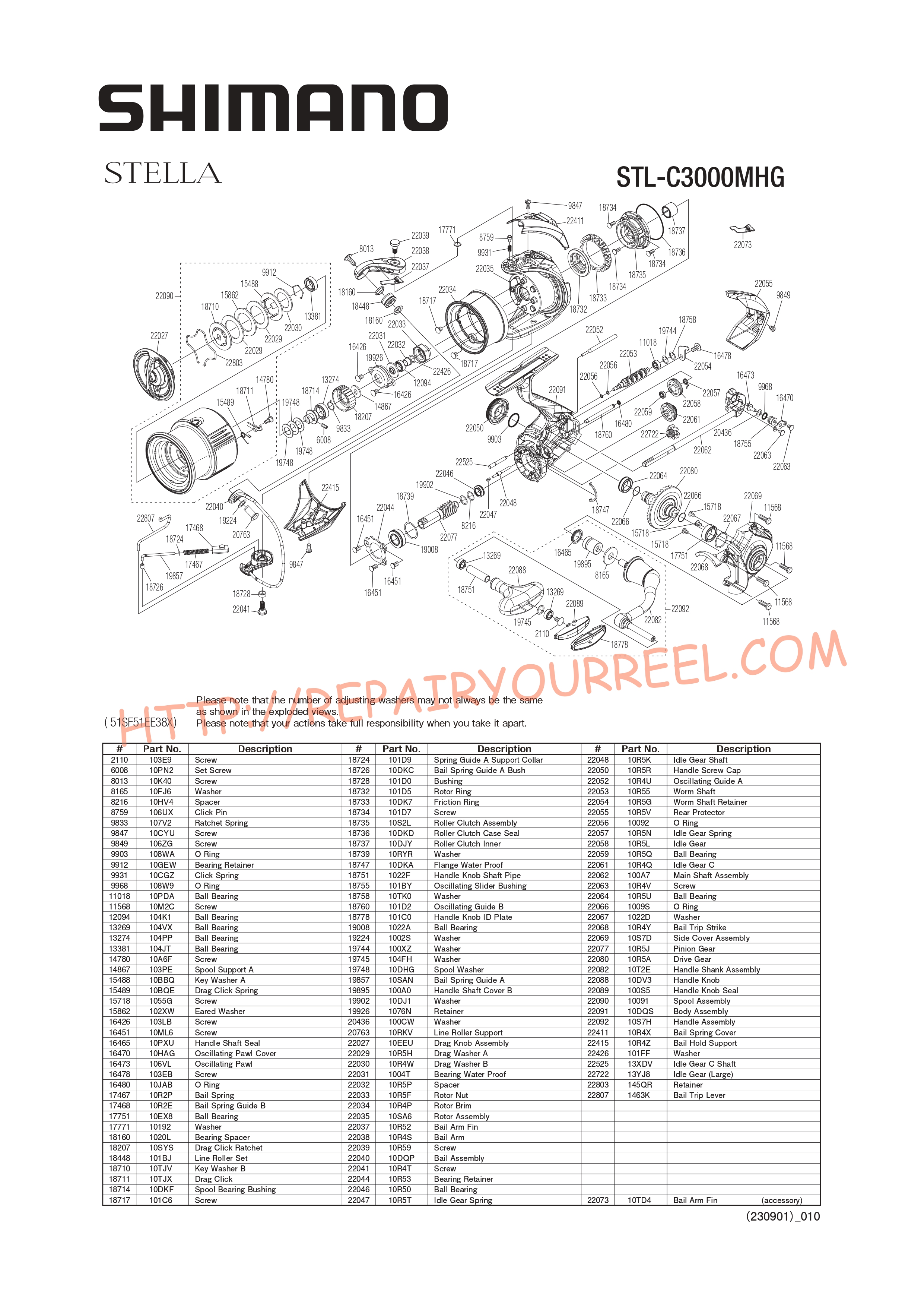 Exploded view of Shimano STELLA C3000MHGFK (2022)
