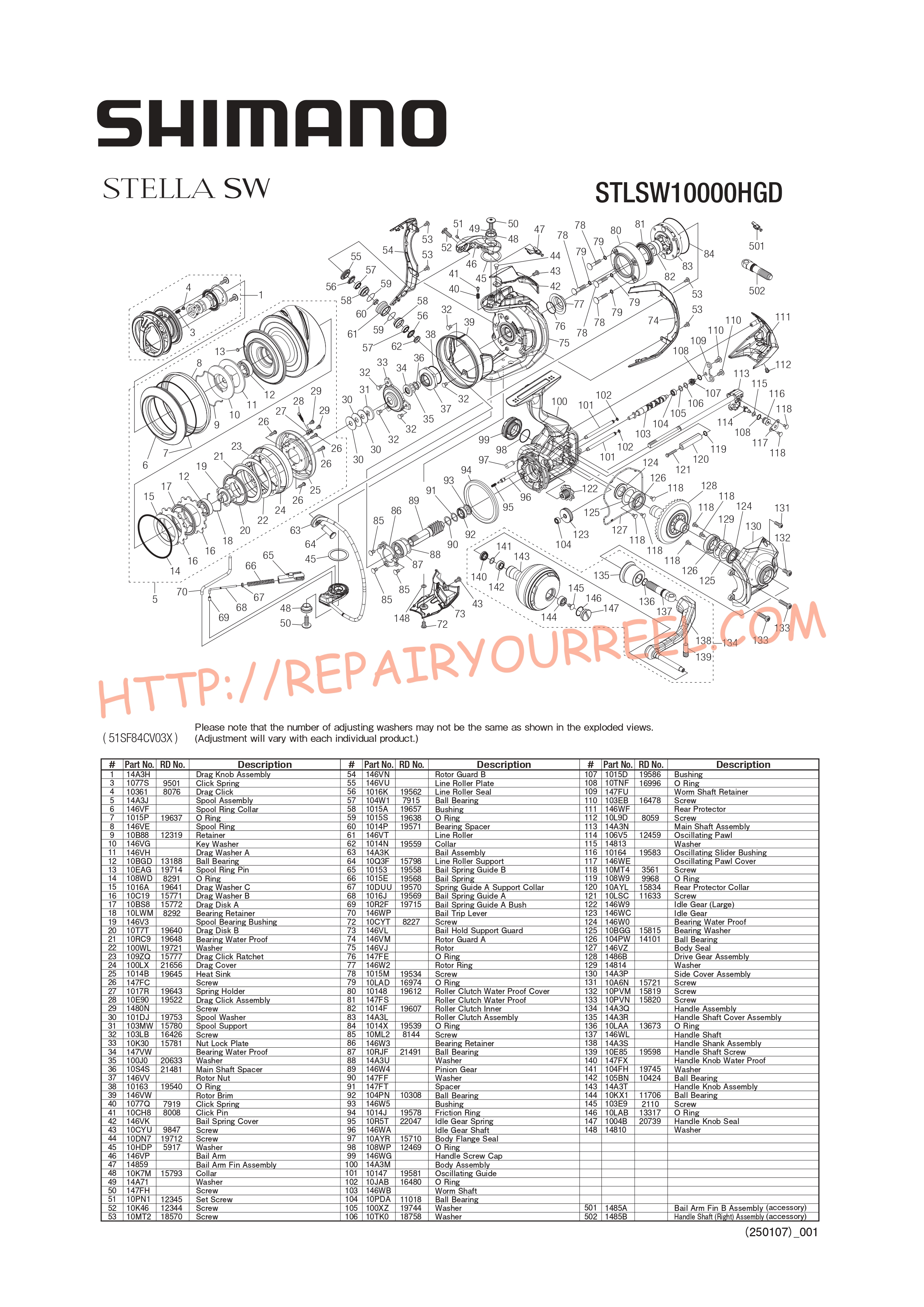 Exploded view of Shimano STELLA SW10000HGD (2025)