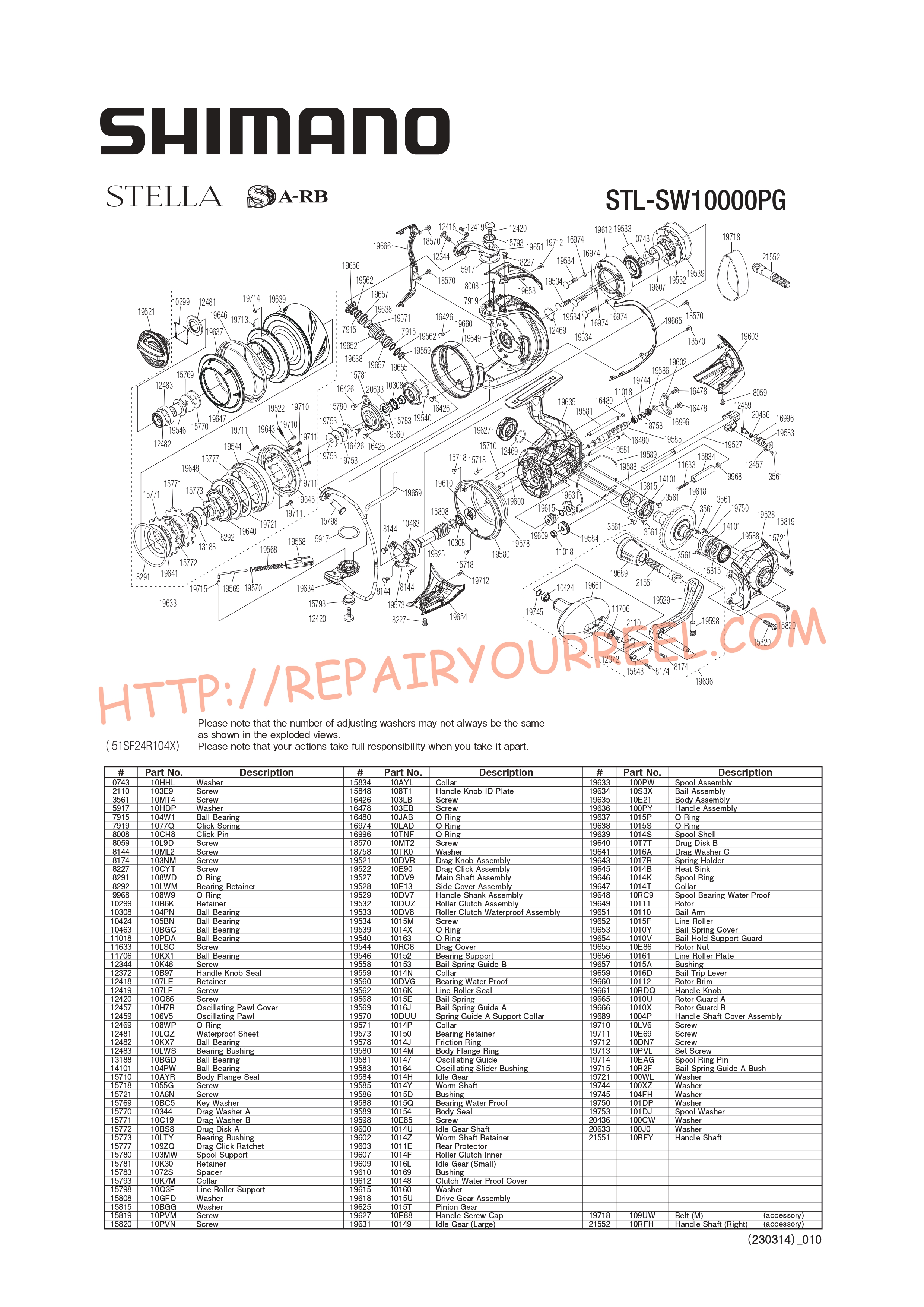 Exploded view of Shimano STELLA STLSW10000PGC