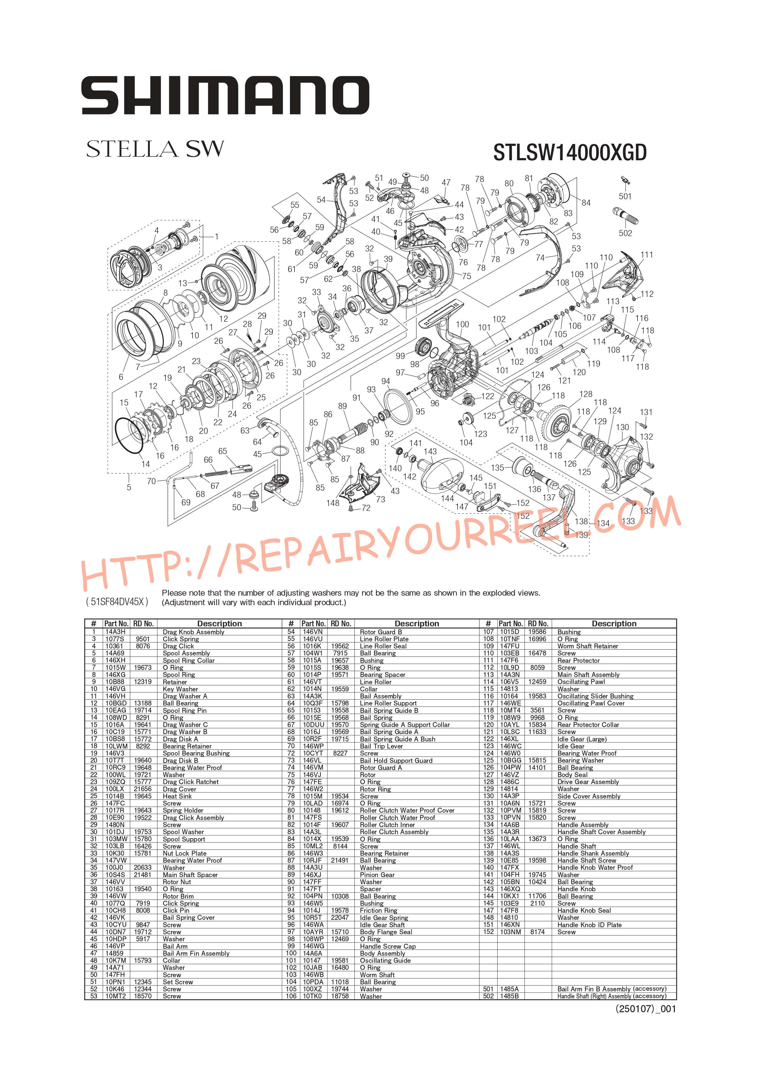Exploded view of Shimano STELLA SW14000XGD (2025)