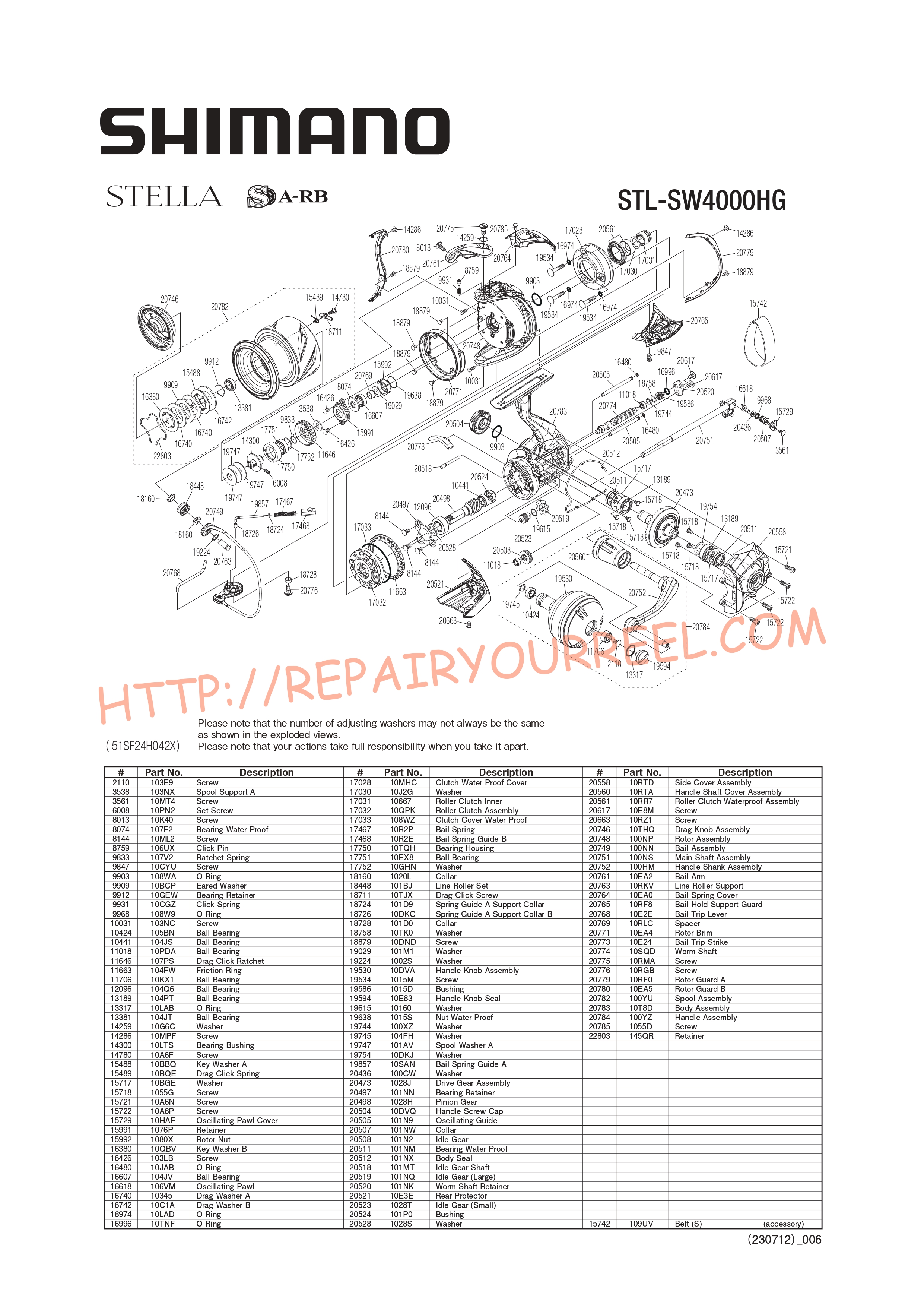 Exploded view of Shimano STELLA STLSW4000HGC