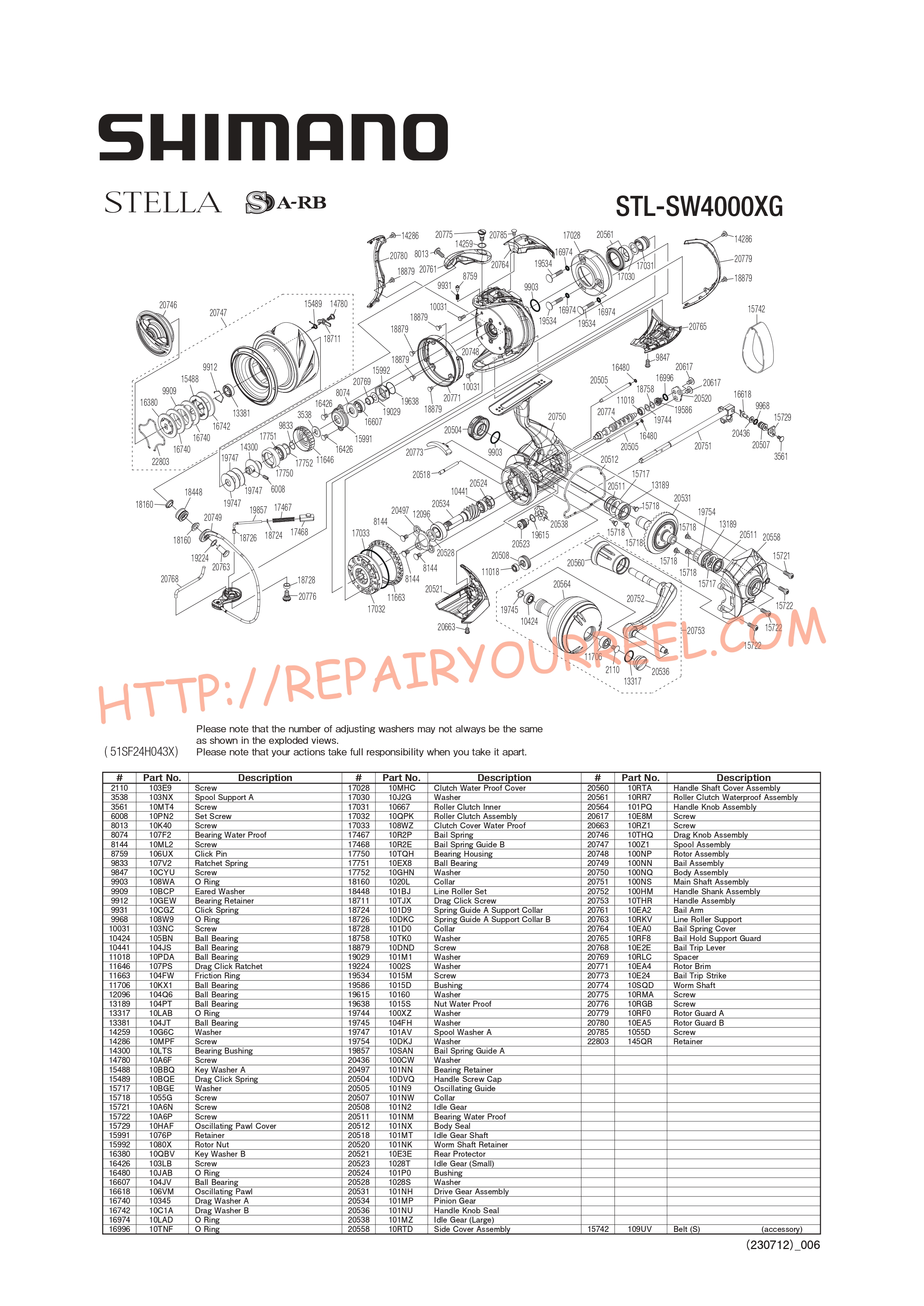 Exploded view of Shimano STELLA STLSW4000XGC