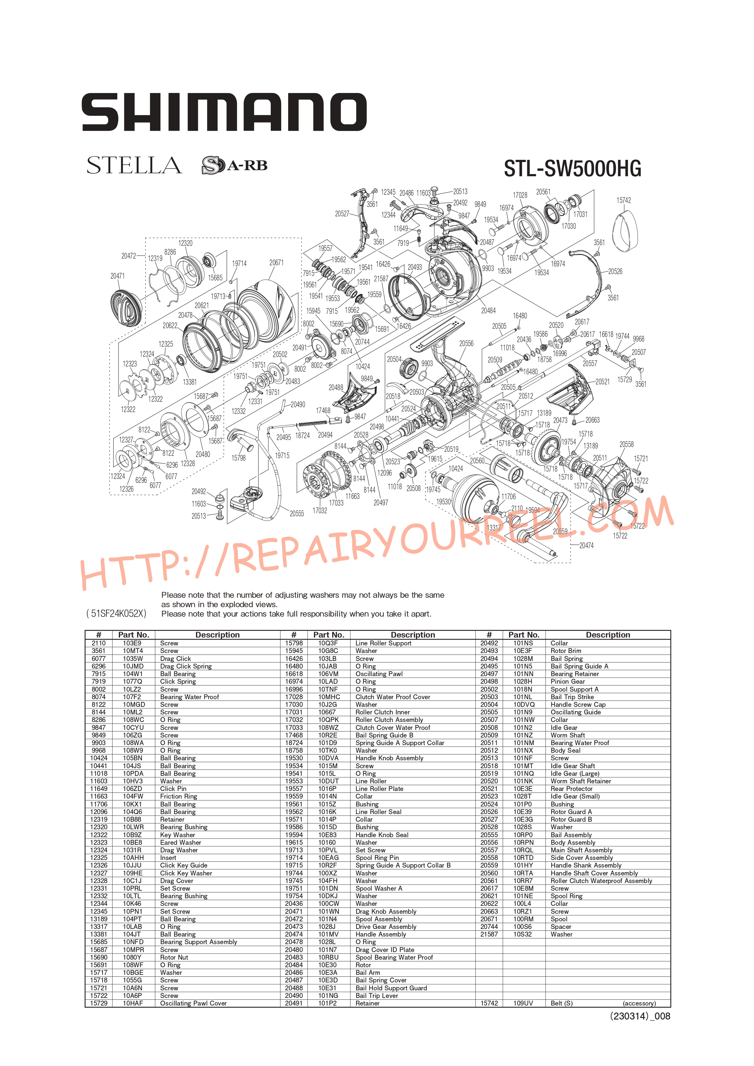 Exploded view of Shimano STELLA STLSW5000HGC