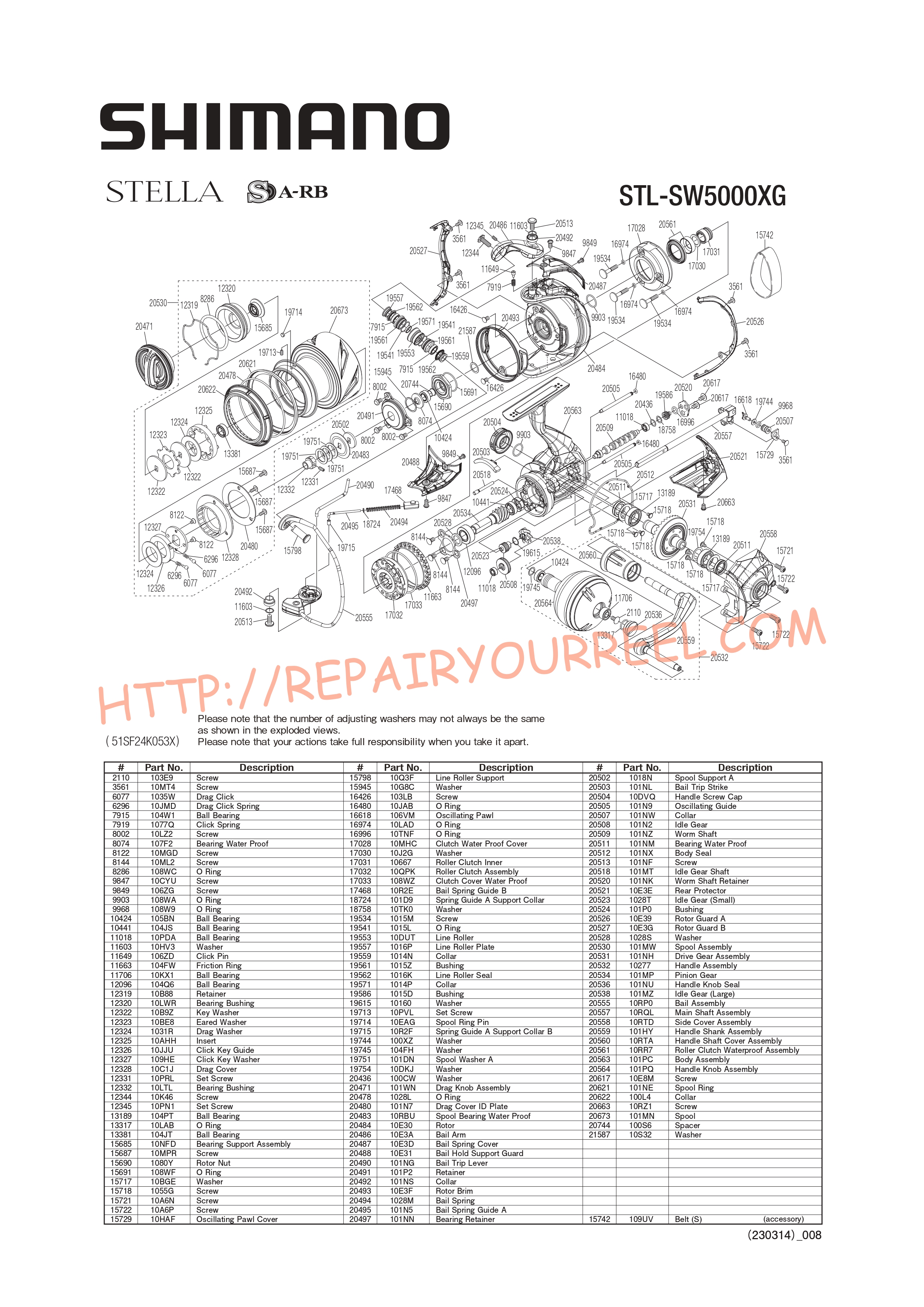 Exploded view of Shimano STELLA STLSW5000XGC