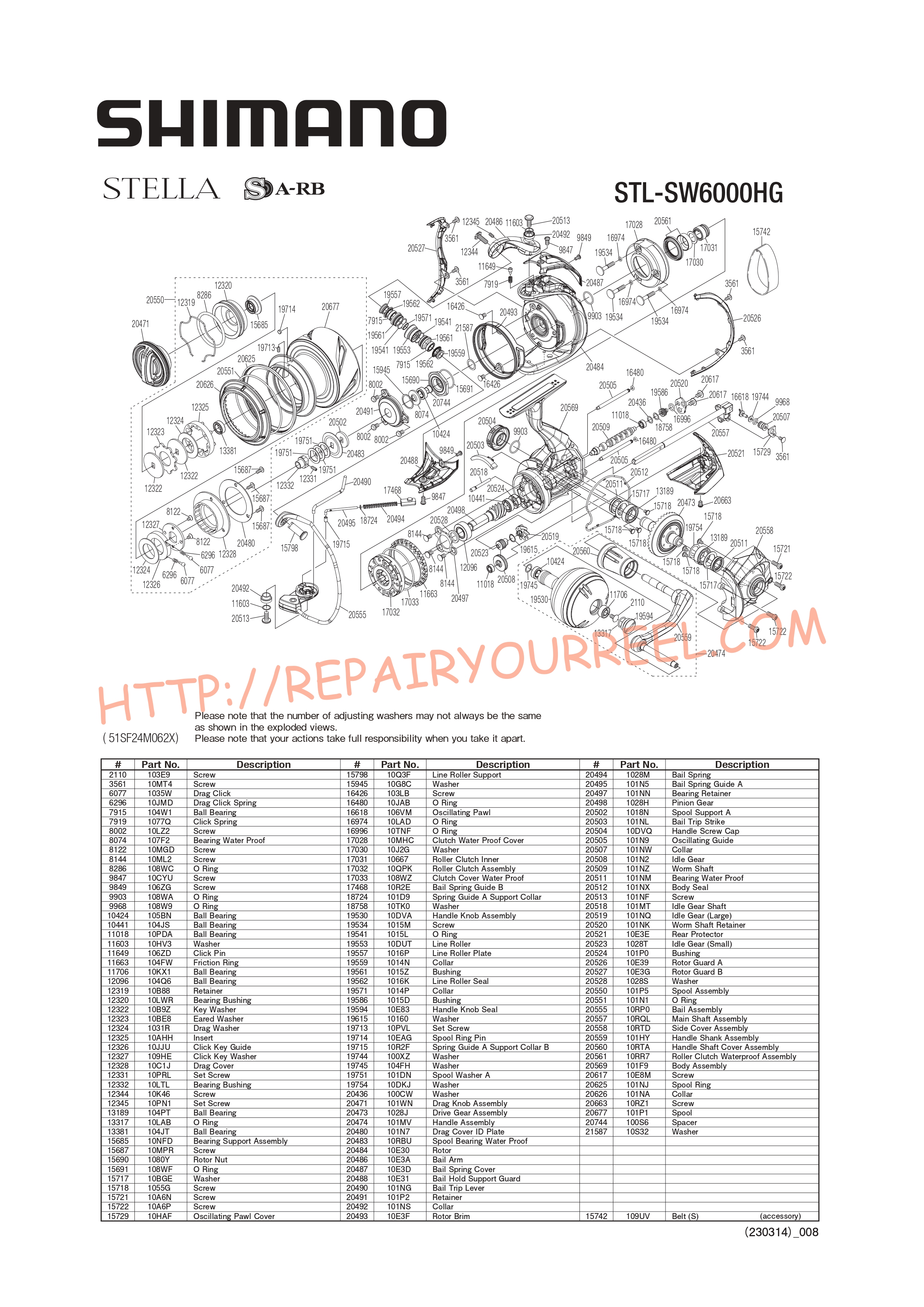 Exploded view of Shimano STELLA STLSW6000HGC