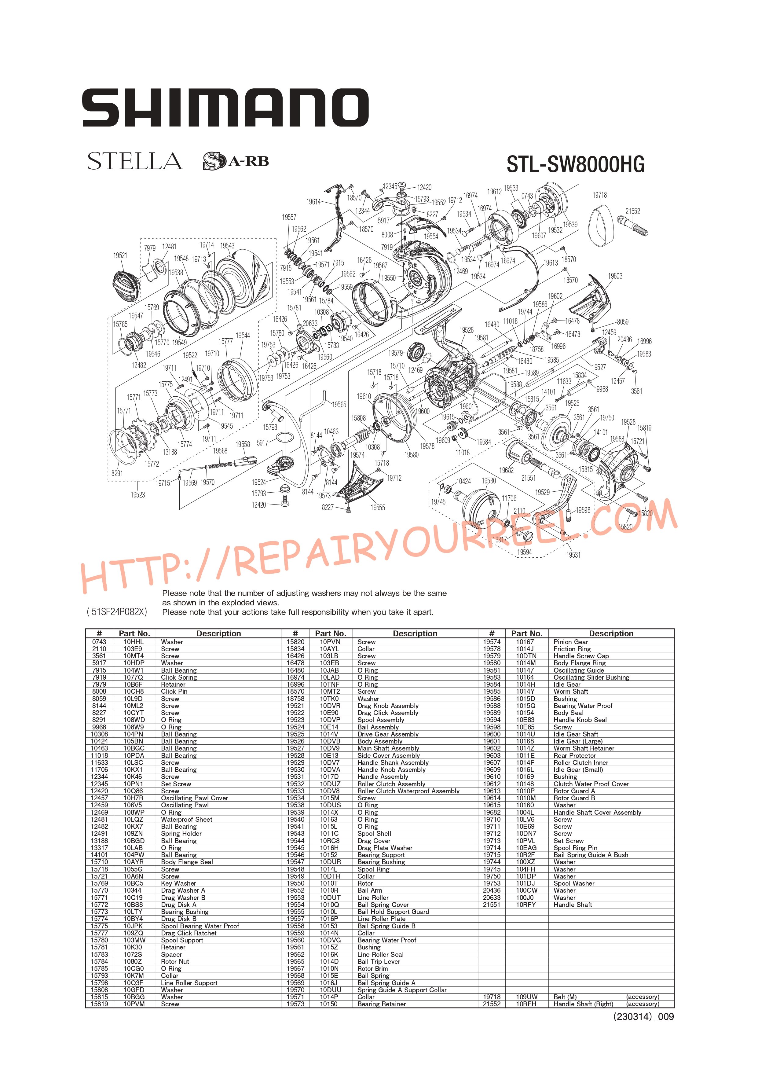 Exploded view of Shimano STELLA STLSW8000HGC