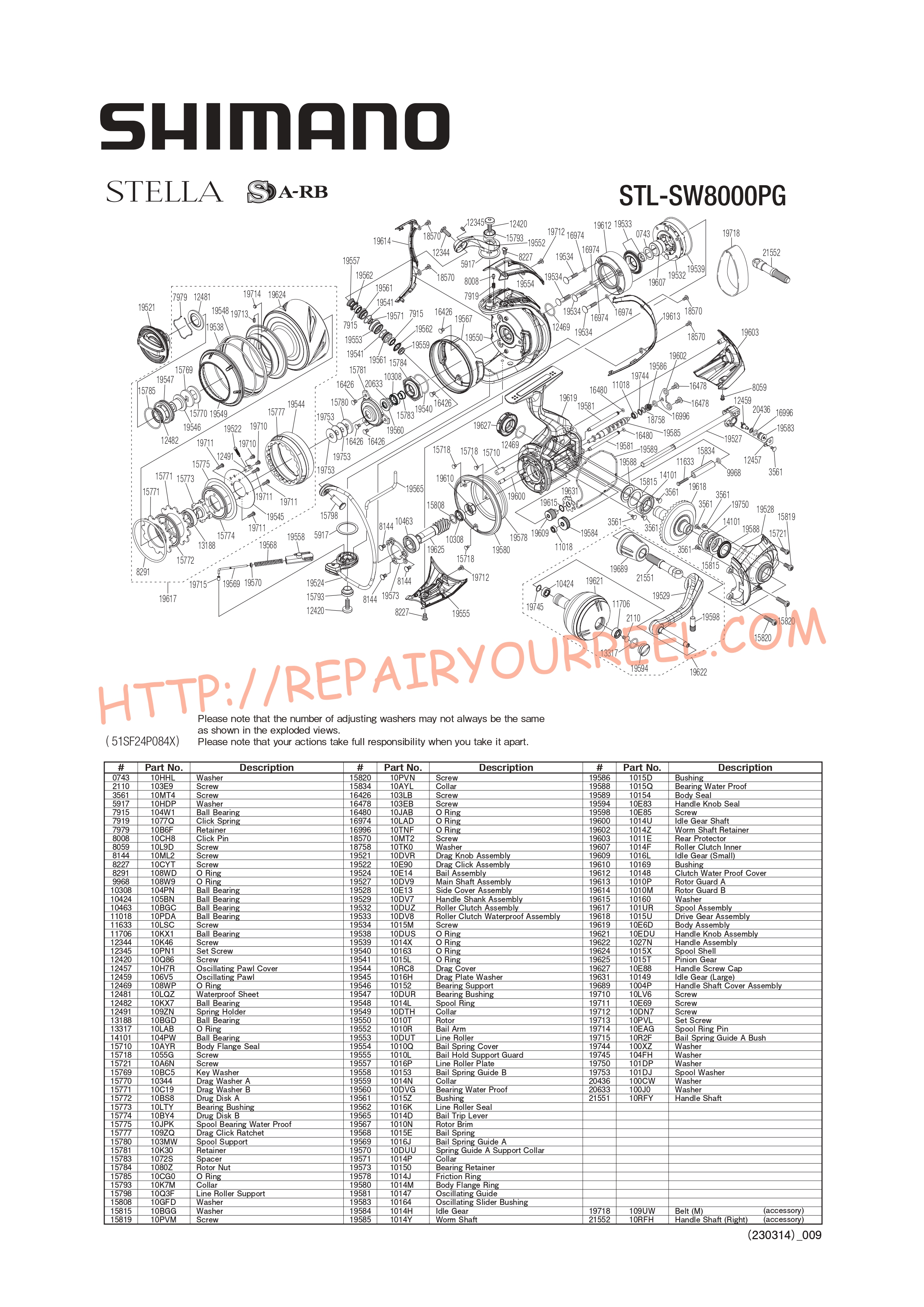 Exploded view of Shimano STELLA STLSW8000PGC