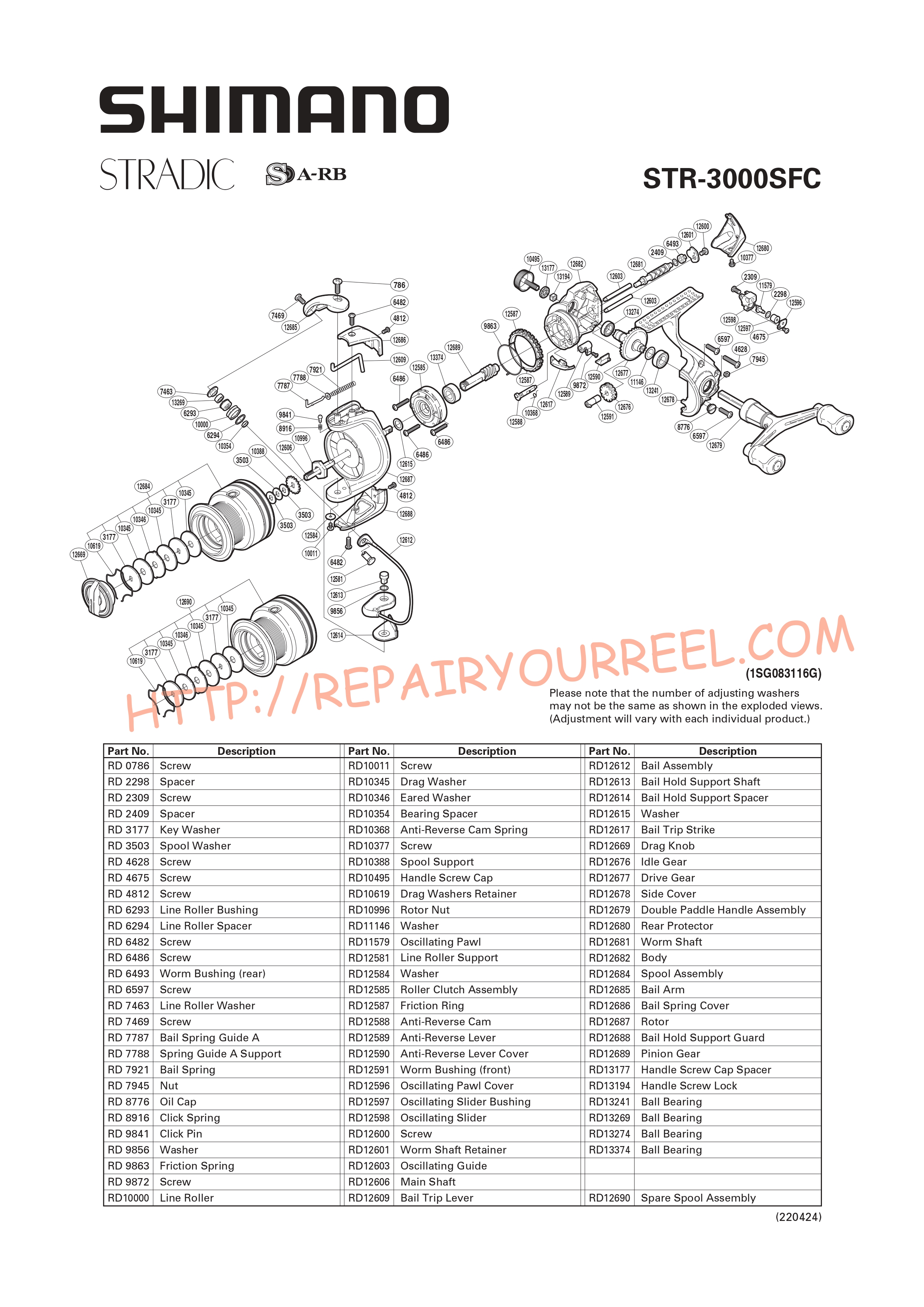 Exploded view of Shimano STRADIC 3000SFC (2009)